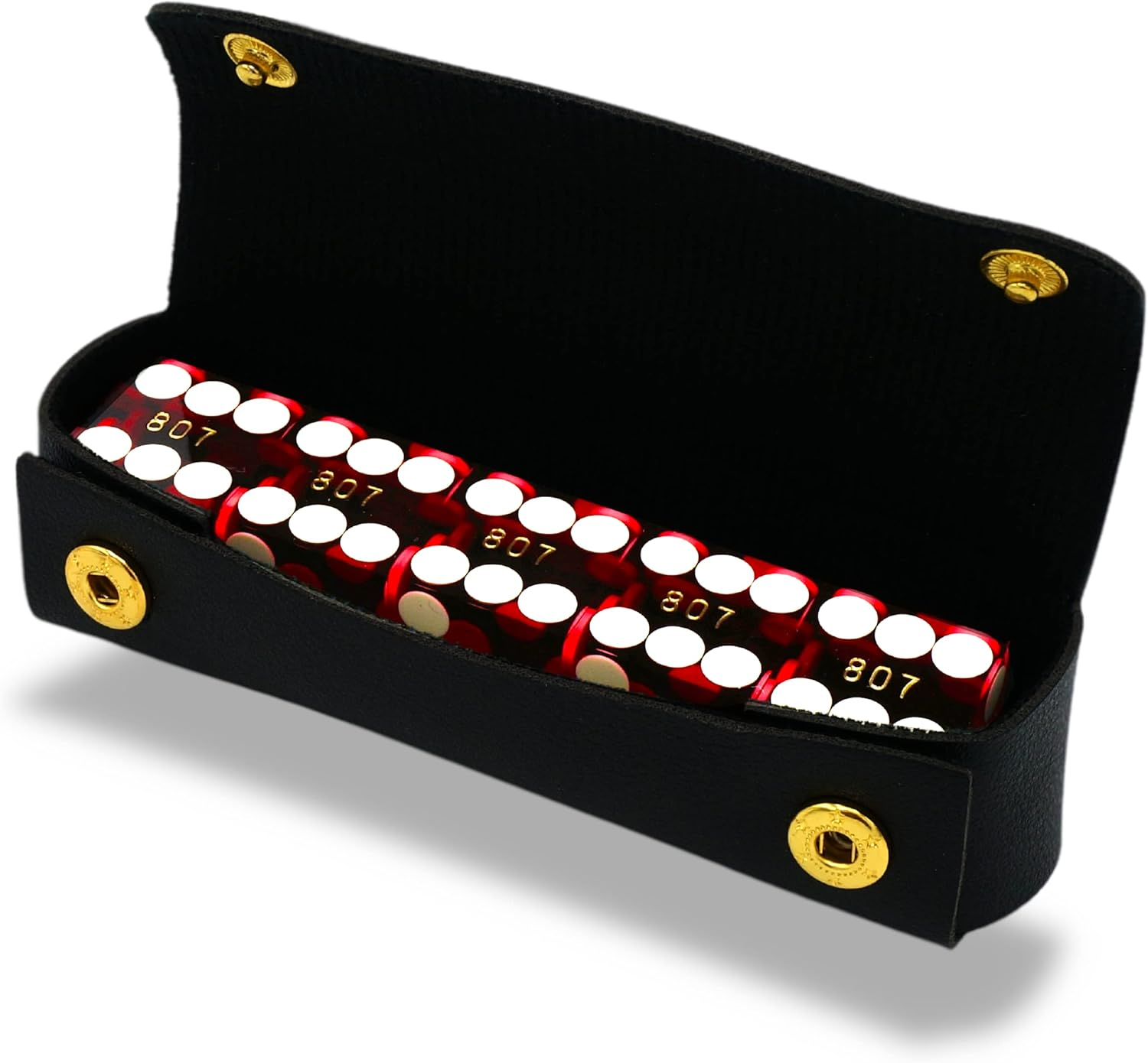 Luck Lab Grade AAA 19Mm Casino Dice with Razor Edges and Matching Serial Numbers Set of 5 and Leather Dice Case (Red)