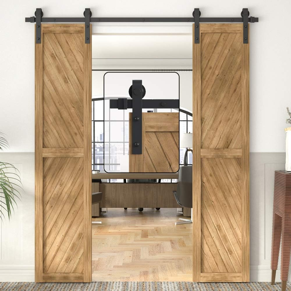 WINSOON 6FT Barn Door Hardware Kit: Double Sliding Door Hardware - Black Barn Door Track Kit - Carbon Steel Heavy Duty Door Rail - J-Shape Easy to Install for 36