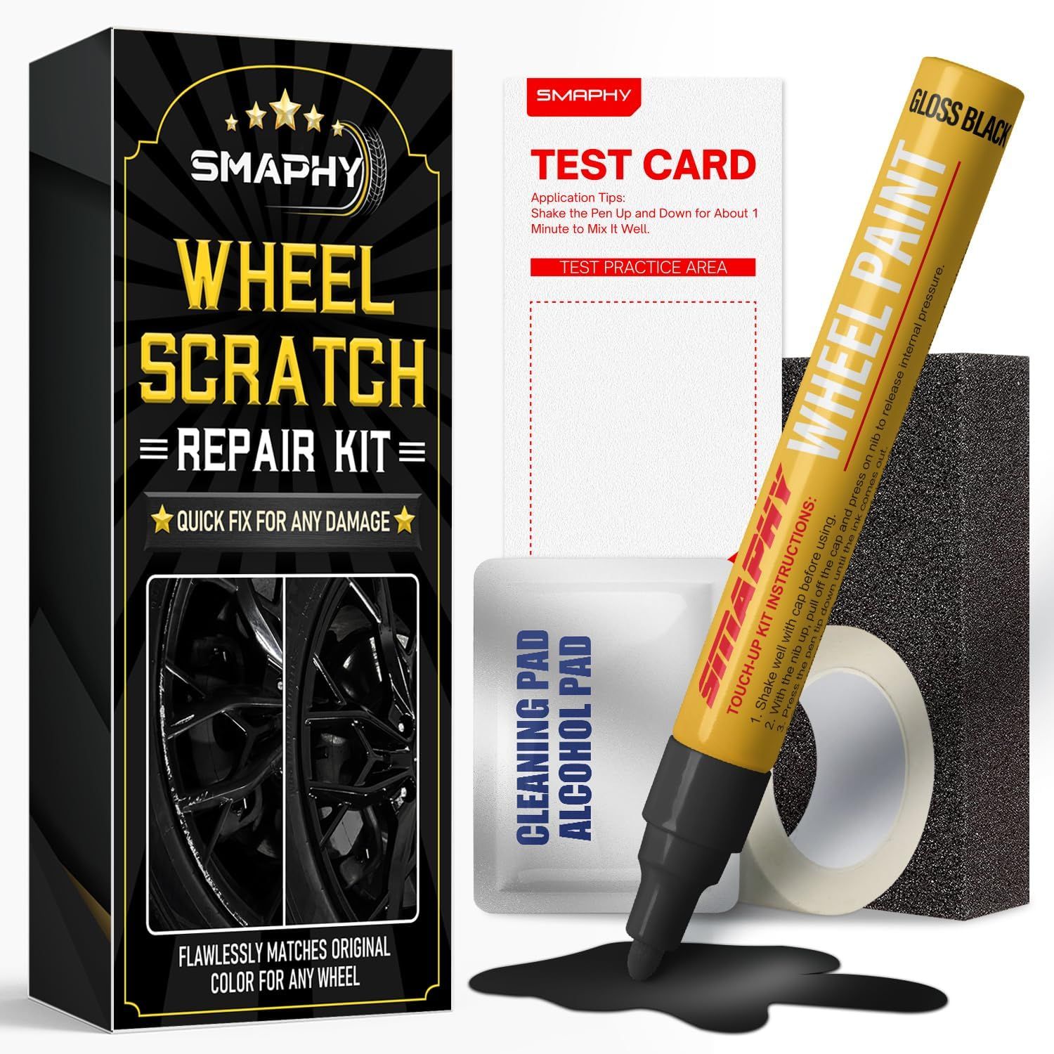 SMAPHY Wheel Scratch Repair Kit, Gloss Black Rim Repair Kit Curb Rash, DIY Alloy Wheel Repair Kit, Car Wheel Rim Scratch Repair Kit, Rim Paint Pen for Wheel Repair, Universal Color Black Wheel Paint (Gloss Black)