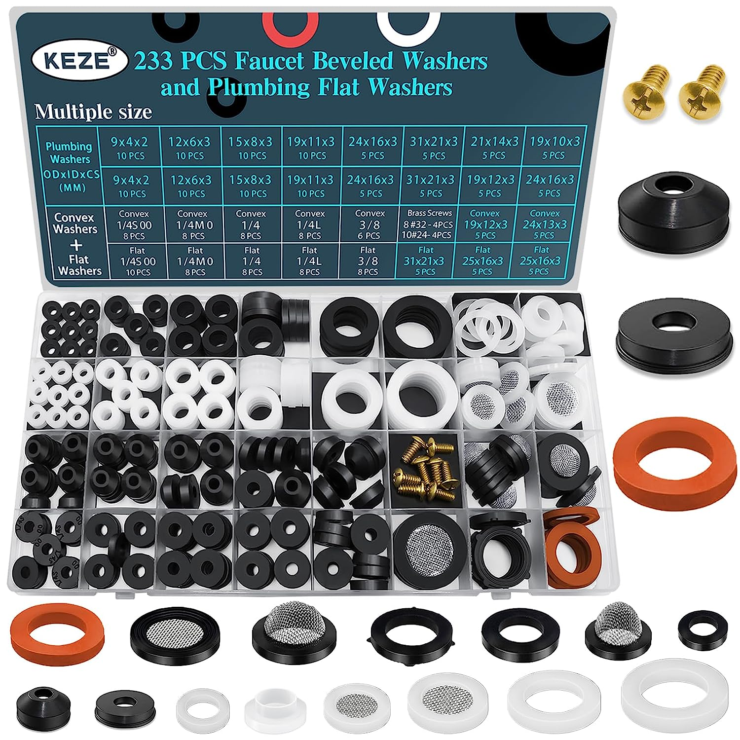 233 Pcs Faucet Beveled Washers and Plumbing Flat Rubber Washers with Brass Bibb Screws Assortment Kit for Assorted Faucets Stem Worn Out Plumbing Water Hose Leak Repair Black