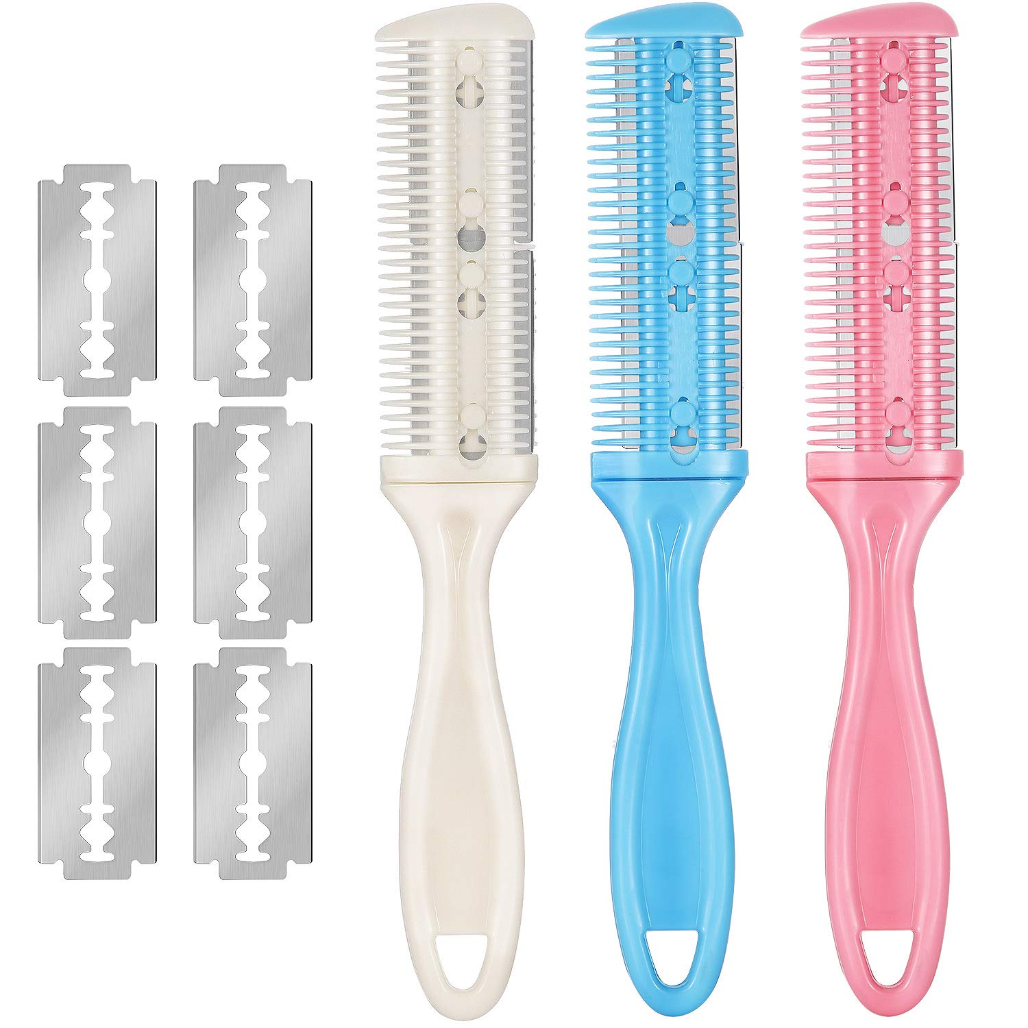 3 Pieces Hair Cutting Comb Set with 10 Razors, Double Edge Razor, Thinning Comb for Slim Haircuts(White, Pink, Blue)