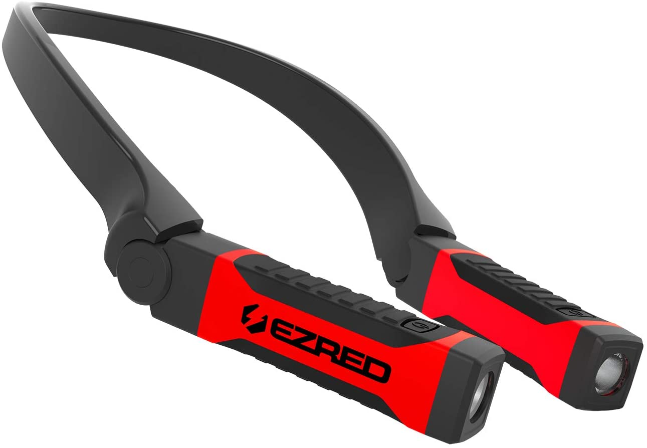 EZRED Neck Light (2-Pack) - 200 Lumen Hands-Free LED Light For Mechanics, Camping, Reading, Black/Red