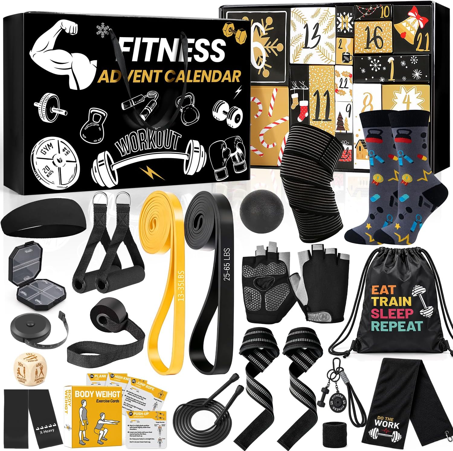 Fitness Advent Calendar, 24‑Day Christmas Countdown Gift Box with Assorted Workout Accessories, Home Gym Training Gear Set, Holiday Surprise Present for Fitness Enthusiasts Men Women Teens