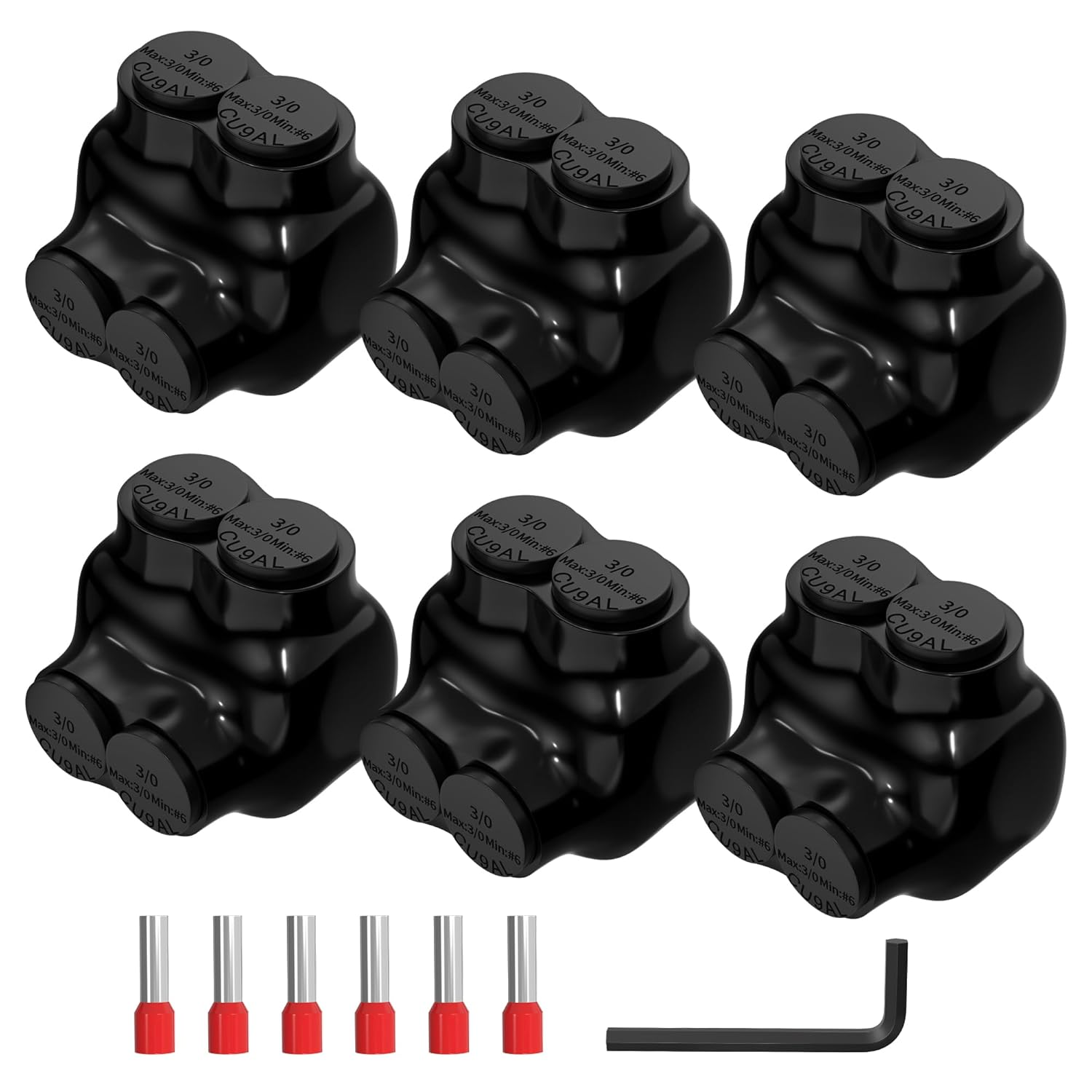 2 Port Insulated Multi Tap Connector 3/0-6 Gauge Wire Connectors Aluminum to Copper Wire Connectors Single Sided Entry Insulated Wire Connector with Slotted Allen Hex - 6 Pack