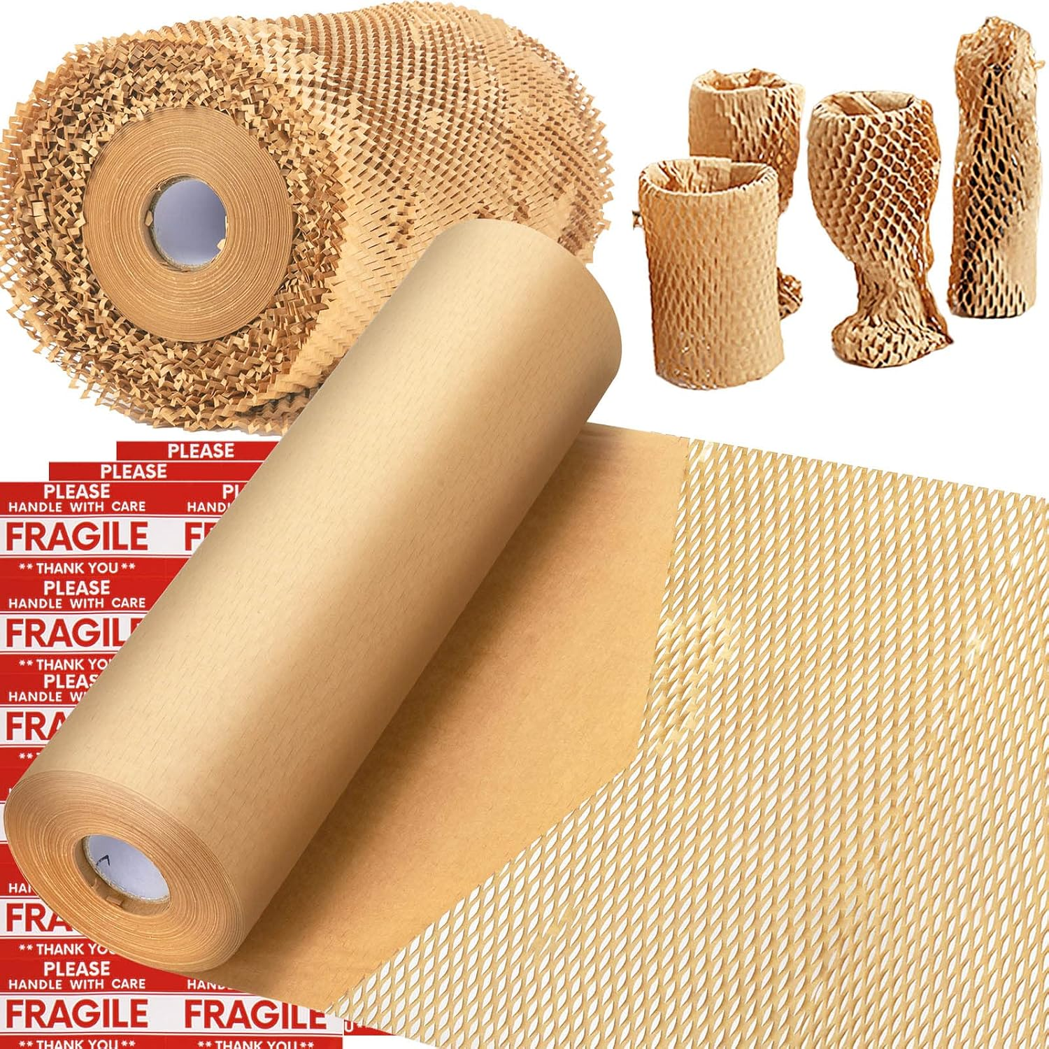 Honeycomb Packing Paper,  15"X400' Eco Friendly Packing Paper for Moving Recyclable Honeycomb Paper Moving Supplies Bubble Paper Wrapping Protective Roll, with 36 Fragile Sticker Labels