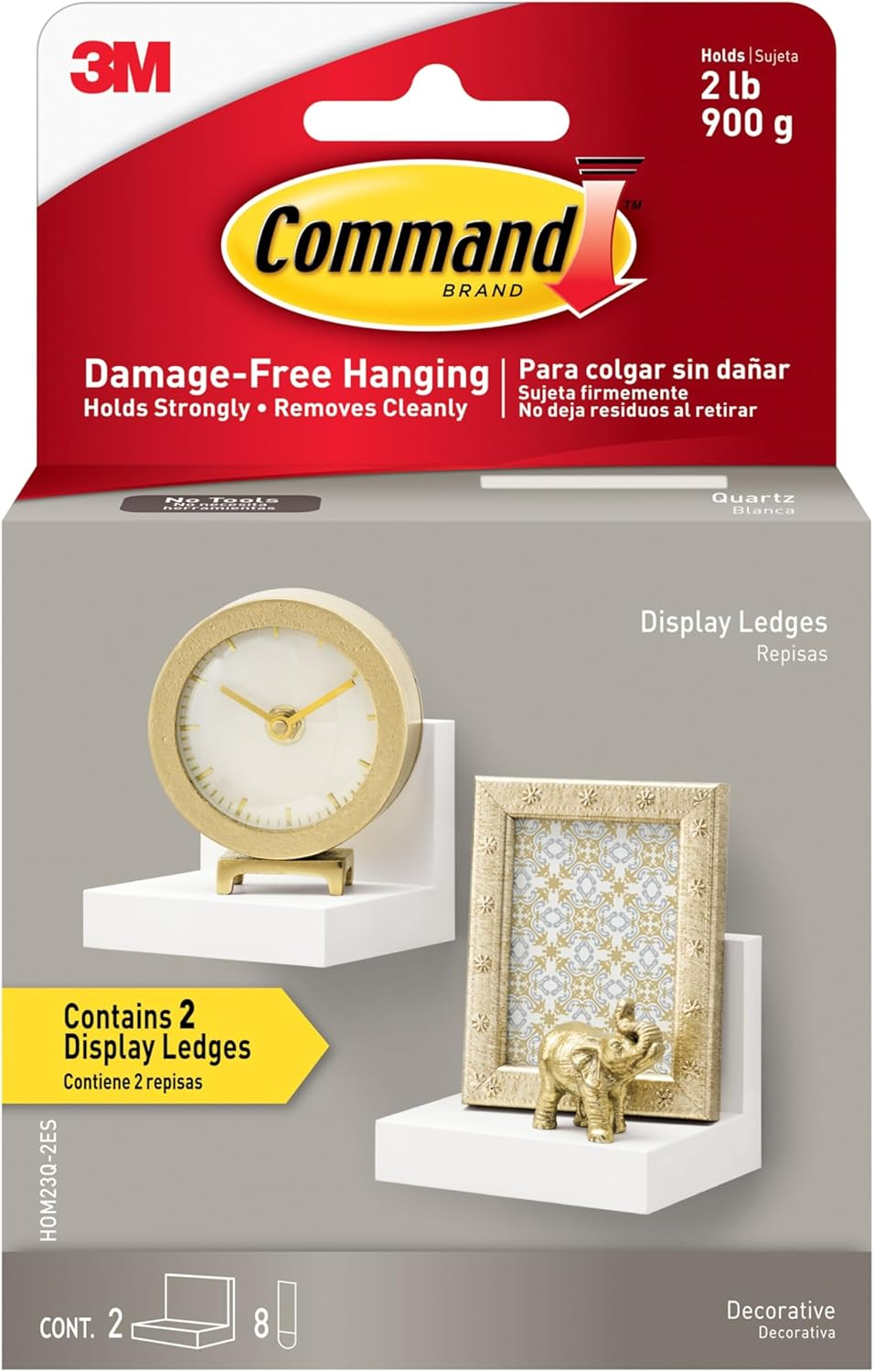 Command Display Ledges, Holds up to 2 Lb, Quartz, 2 Ledges with 8 Medium Strips, Damage-Free Hanging Floating Shelf with Adhesive Strips, Personalize Living Room, Bedroom, Kids Room or Office