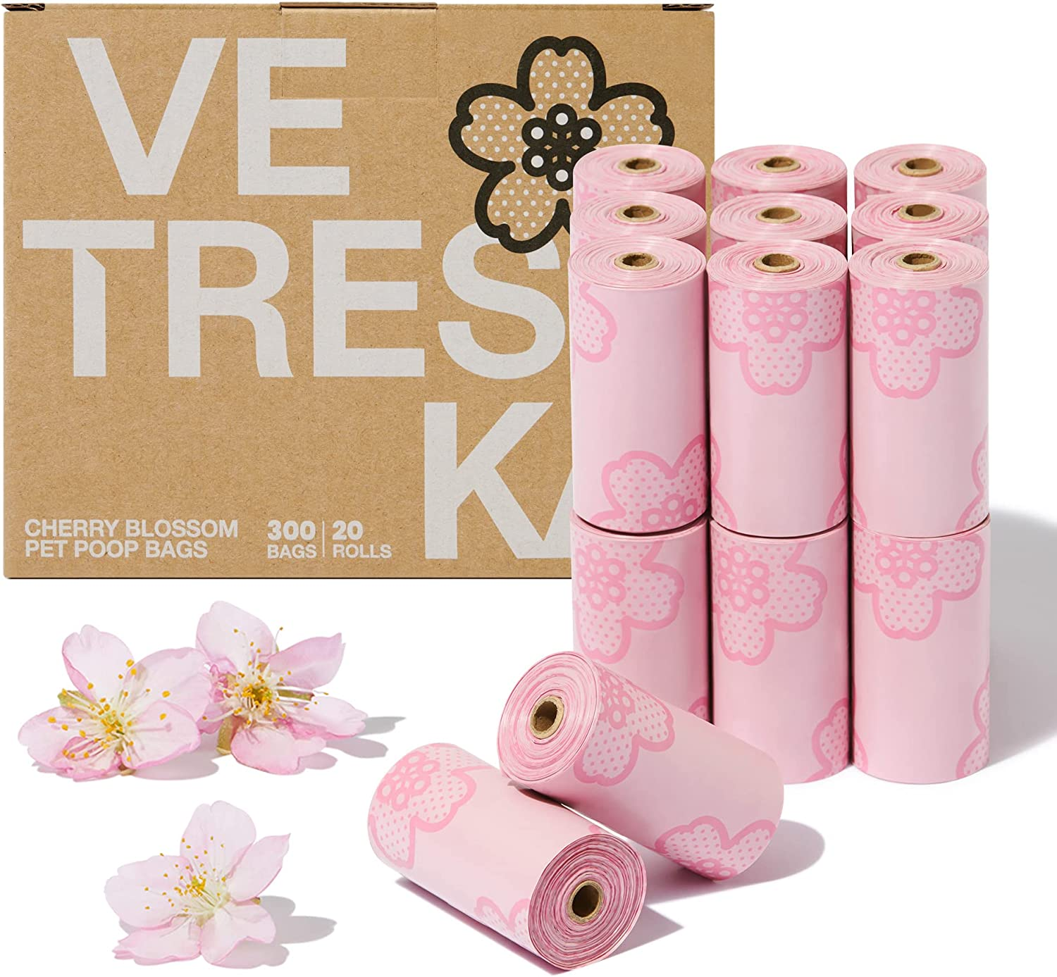 VETRESKA Cherry Scented Poop Bags, 300 Bags, Leak-Proof, Extra Thick, Pink