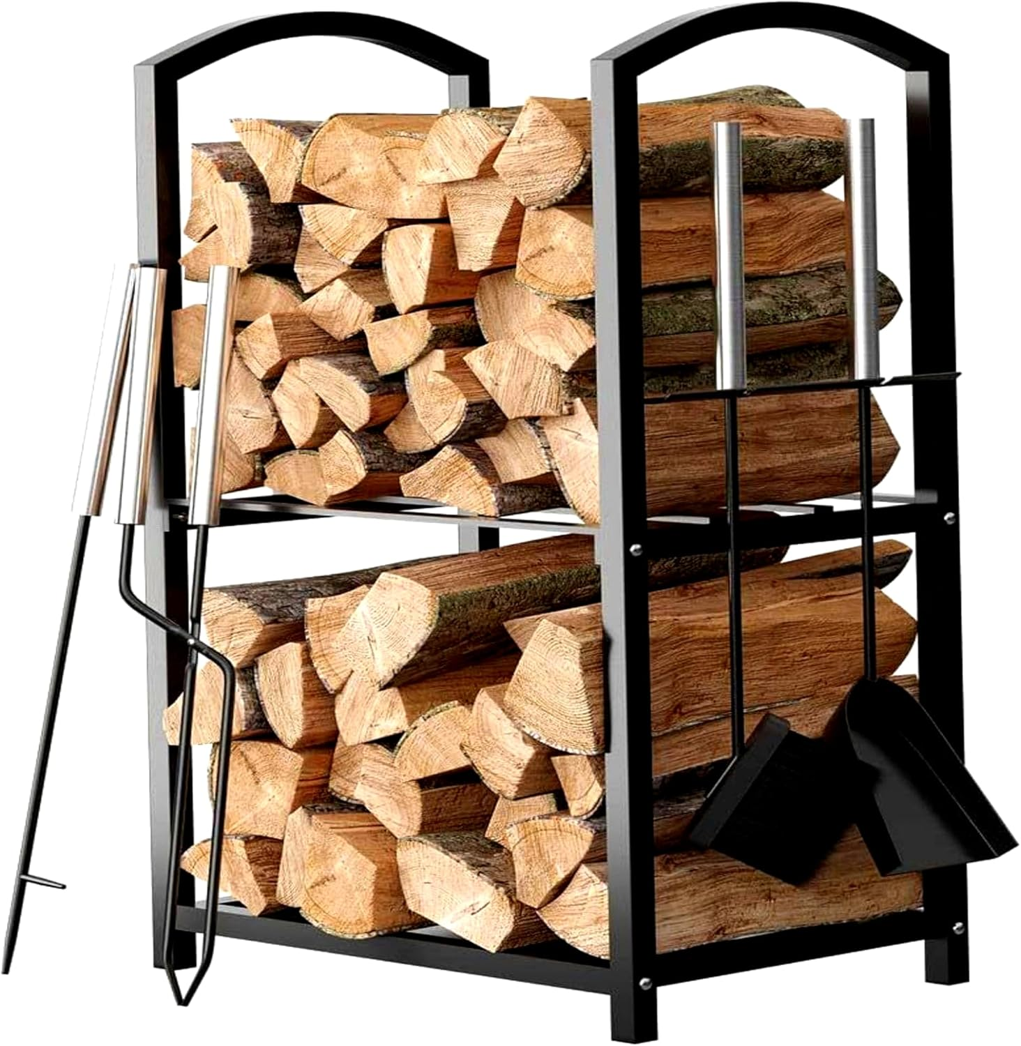 Firewood Rack Indoor Outdoor - 2-Tier Firewood Holder with Fireplace Tools Set, Brush, Shovel, Poker, Tongs - Waterproof Steel Pipe Log Holder, Black Stove Wrought Iron - 17X12X29