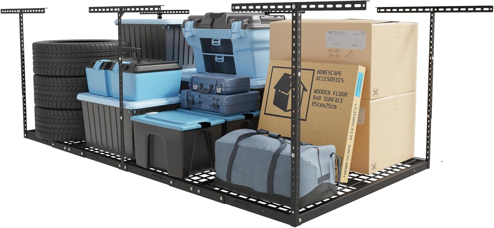 FLEXIMOUNTS 4X8 Overhead Garage Storage Rack, Adjustable Organization System, Heavy-Duty Metal Ceiling Racks, 750Lbs Weight Capacity, Black, Classic Series