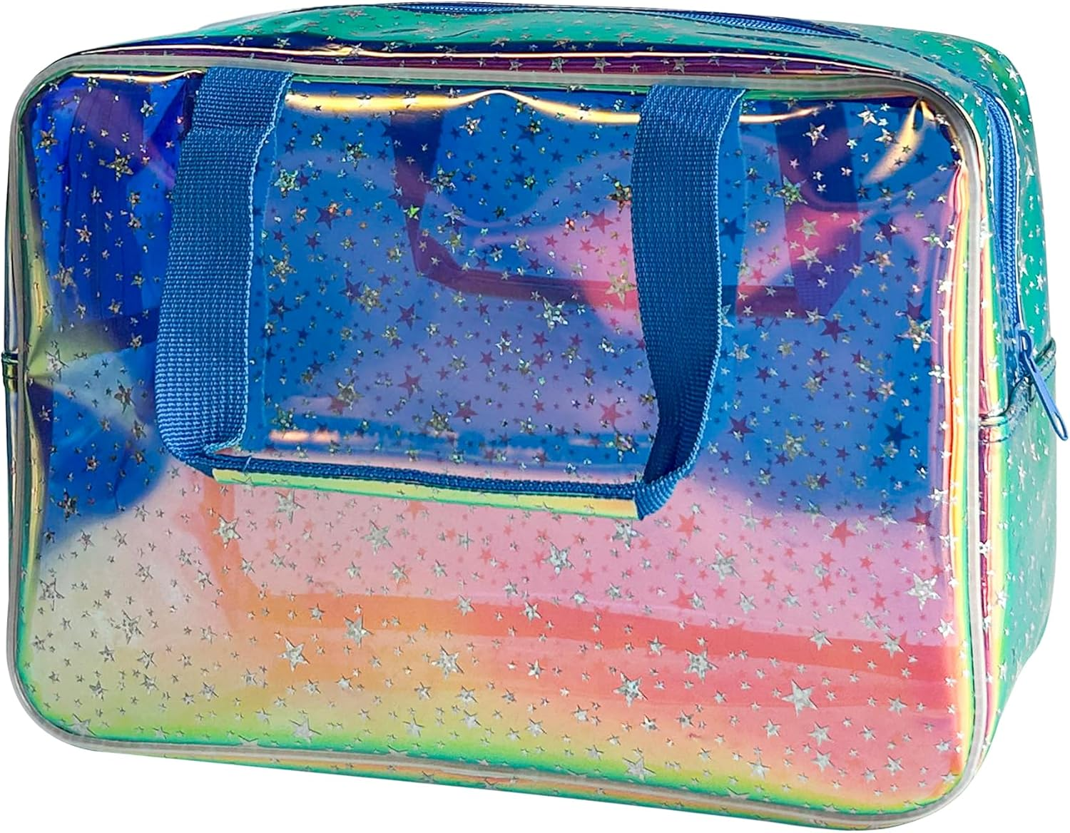 Holographic Blue Clear Star Large Cosmetic Bag and TPU Travel Pouch with Handle,Durable Material,Zipper Design-Ideal for Makeup,Travel Essentials (Holographic Blue+Star)