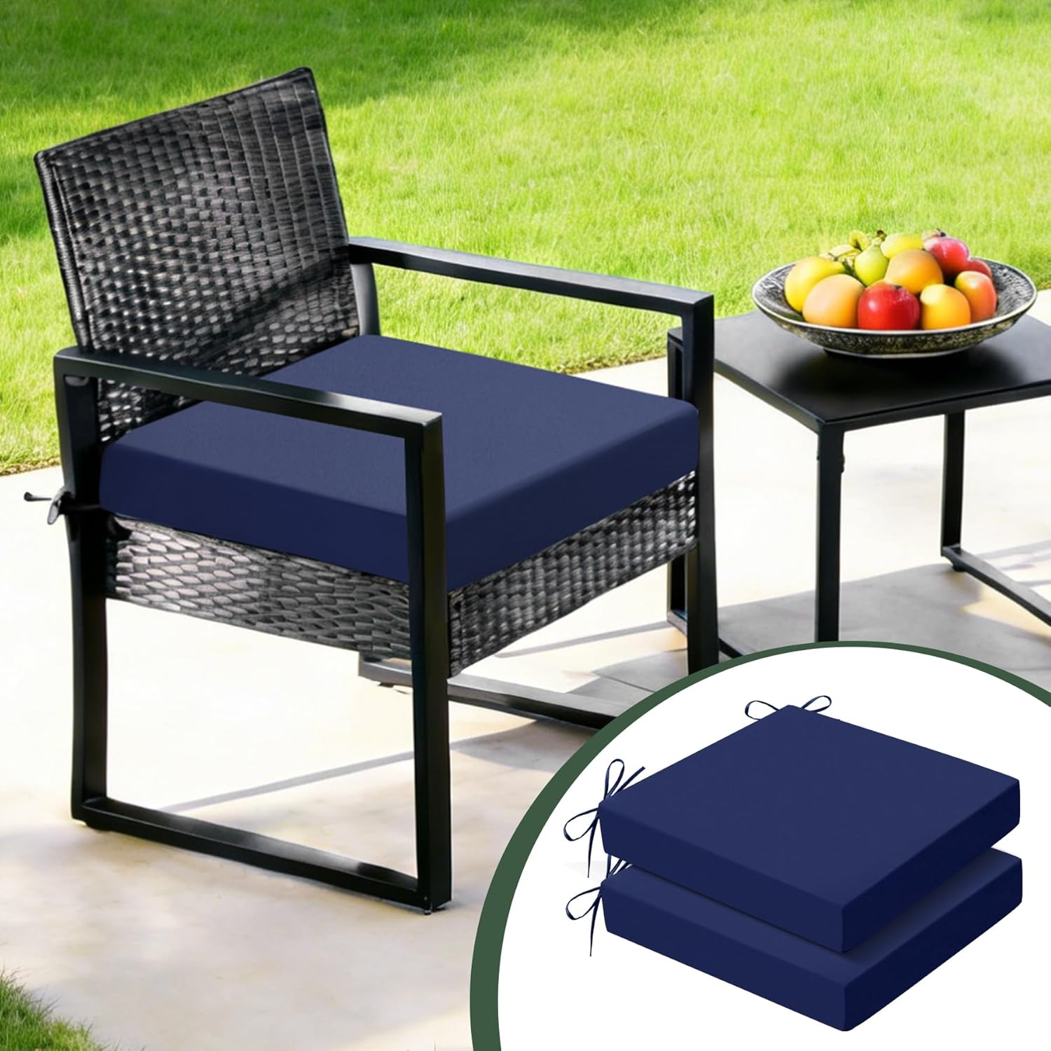 Outdoor Chair Cushions Set of 2, 19X19X3 Inch Waterproof & Fade Resistant Patio Furniture Seat Cushions with Ties, Square Outdoor Dining Chair Cushions for Lawn, Garden, Deck & Yard, Navy Blue