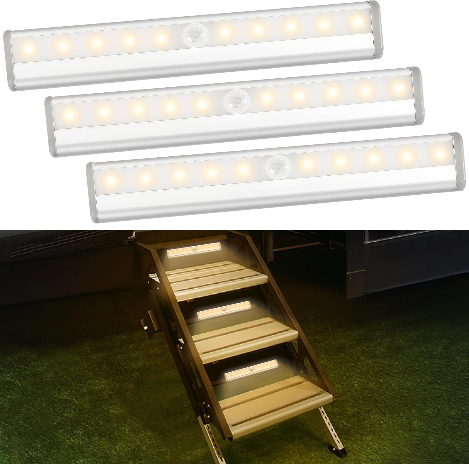 3 Pack Motion Activated RV Step Lights, 10 LED Battery Operated Motorhome Motion Sensor Light Strip, Magnetic Night Light Bar for Motorhome Travel, Trailers, Camper (Warm Light)
