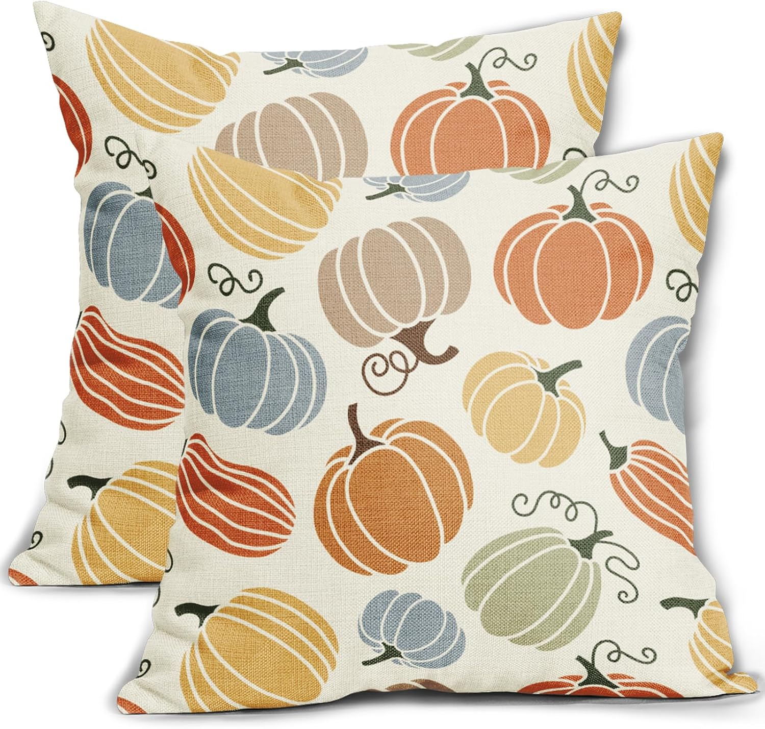 Fall Pillow Covers 20X20 Set of 2 Thanksgiving Themed Blue Yellow Orange Pumpkin Print Decorative Throw Pillows Outdoor Autumn Harvest Pillowcase Farmhouse Linen Cushion Case Decor for Sofa Couch Bed