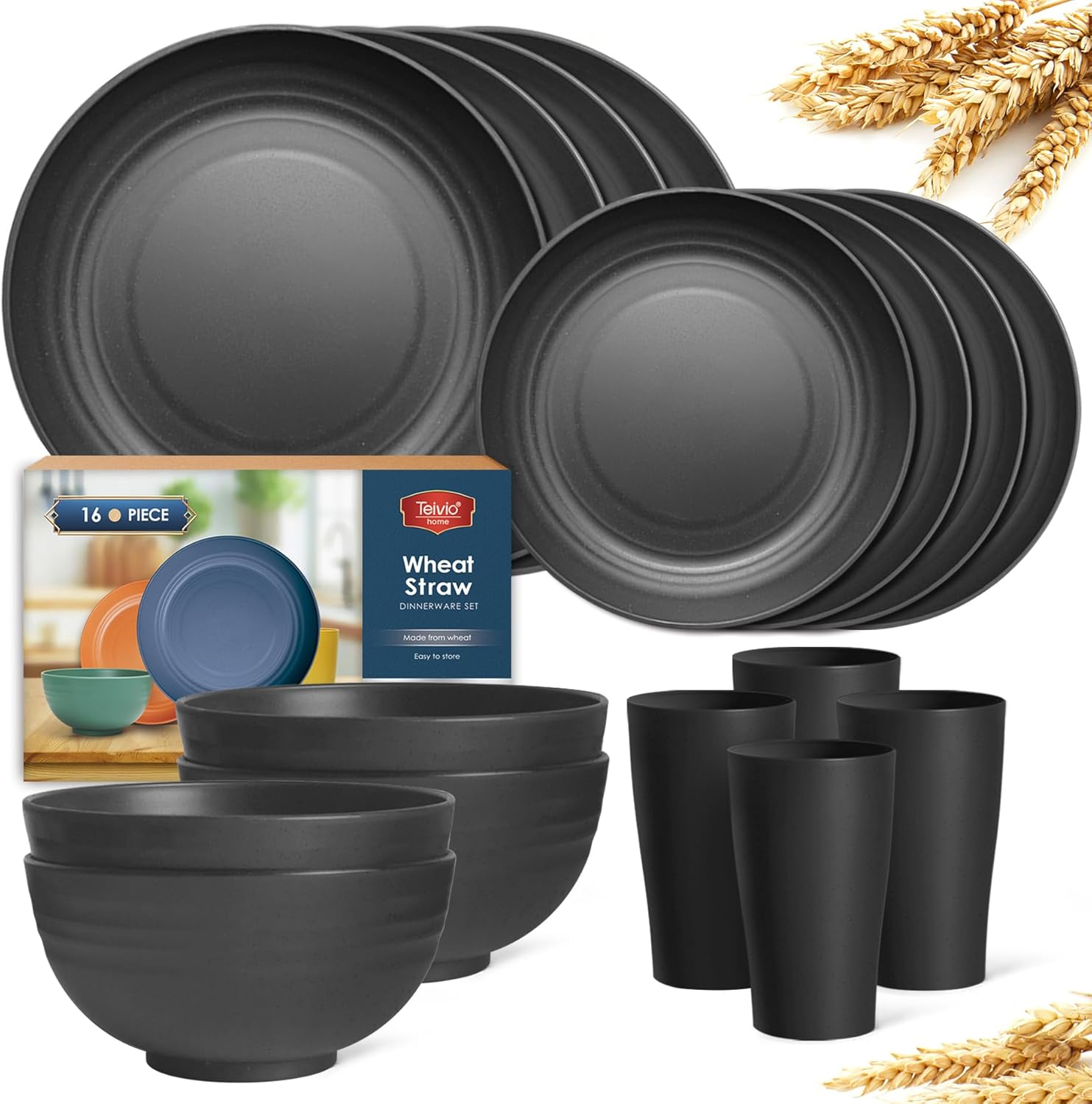 16-Piece Kitchen Plastic Wheat Straw Dinnerware Set, Service for 4, Dinner Plates, Dessert Plate, Cereal Bowls, Cups, Unbreakable Plastic Outdoor Camping Dishes, Black