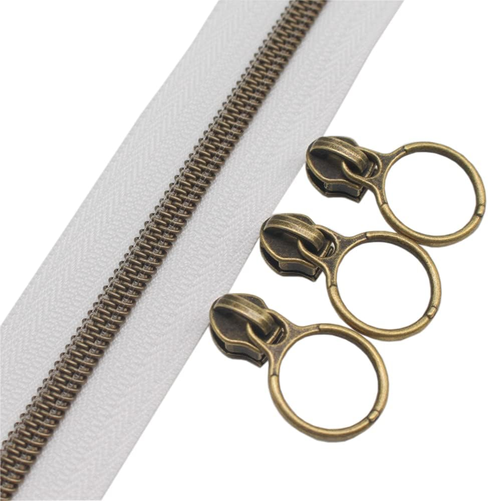 #5 Antique Brass Metallic Nylon Coil Zippers by The Yard Bulk White Tape 10 Yards with 20pcs Sliders for DIY Sewing Tailor Craft Bag (Anti-Brass White)
