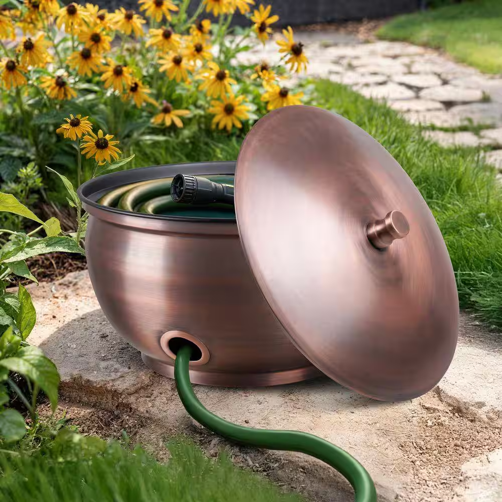 Smooth Metal Garden Hose Holder Pot with Lid, Antique Copper