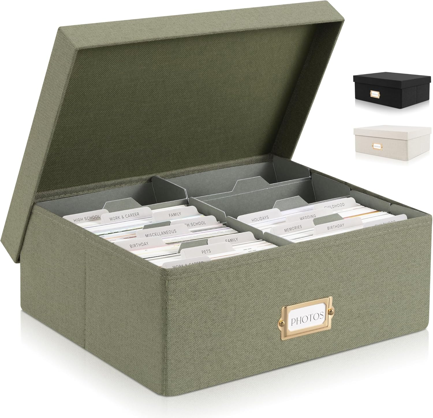ZICOTO Decorative Photo Storage Box - Sturdy Linen Photo Organizer with Dividers Is Perfect to Store up to 1700 Pictures and 4X6 Photos - Portable Scrapbook Storage Containers with Lid