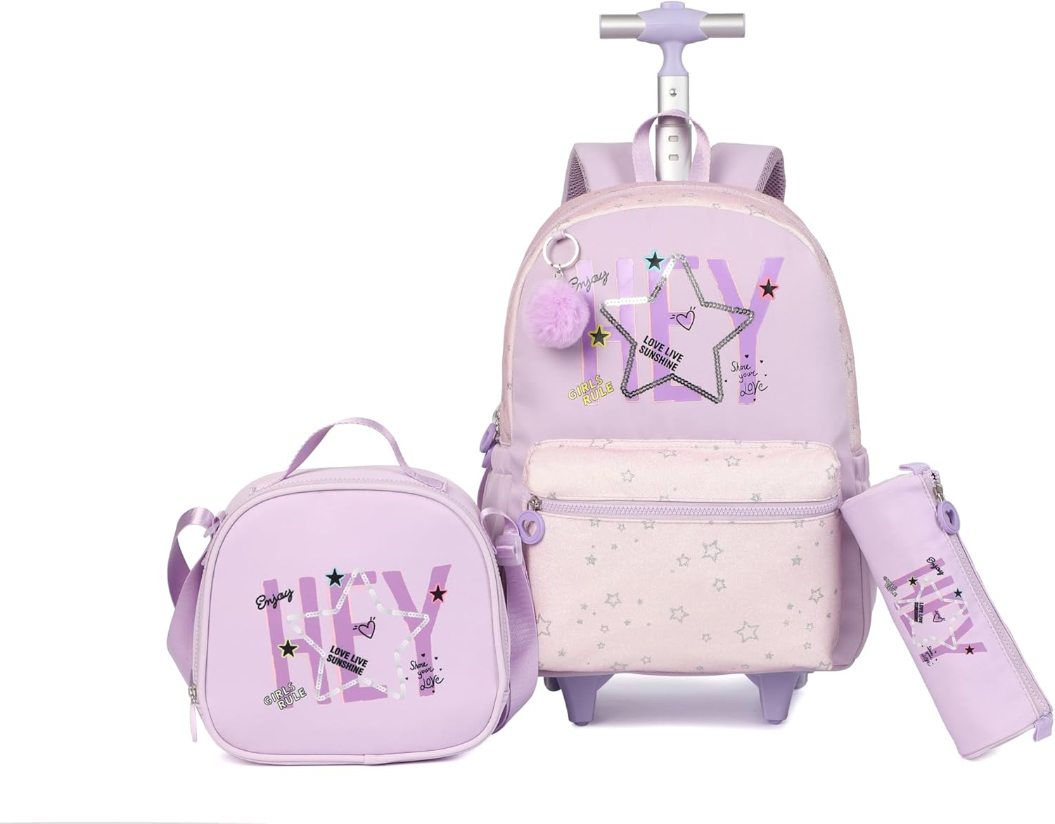 Kids Backpack for Girls Luggage School Trolley Bag with Lunch Box 3Pc Set (HEY PURPLE)
