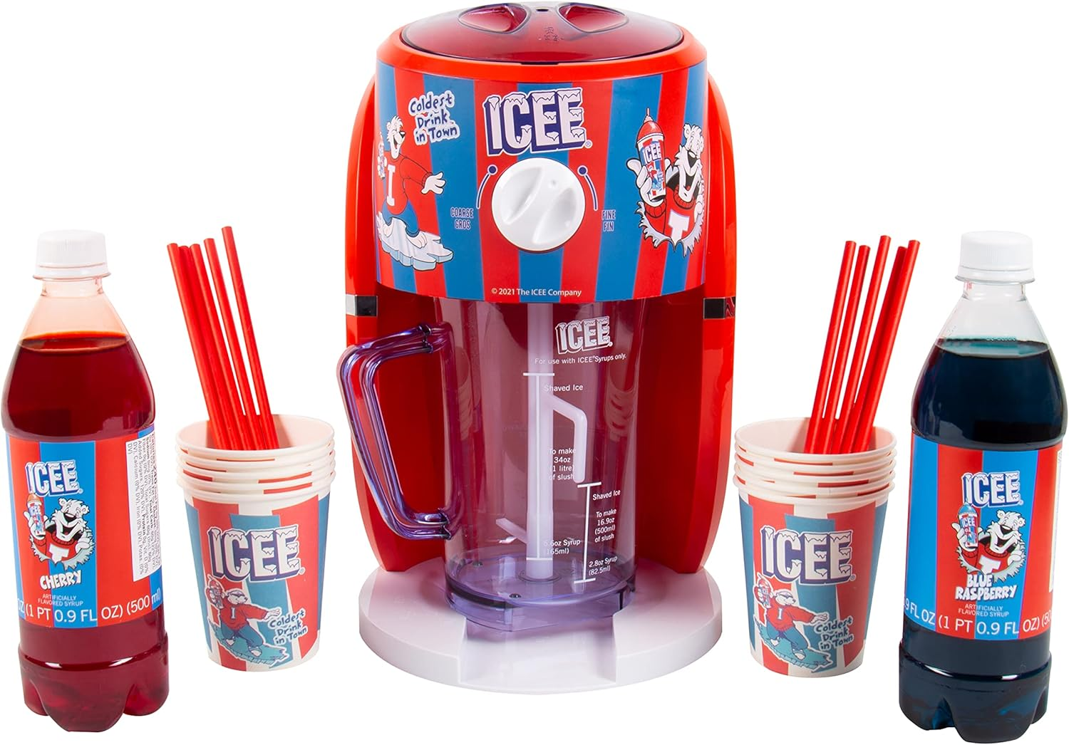 ICEE Slushie Snow Cone Machine Bundle. Genuine ICEE Home Countertop Slushie Ice Shaver, 2-Pack ICEE Syrups & 20 ICEE Paper Cups & Straws.