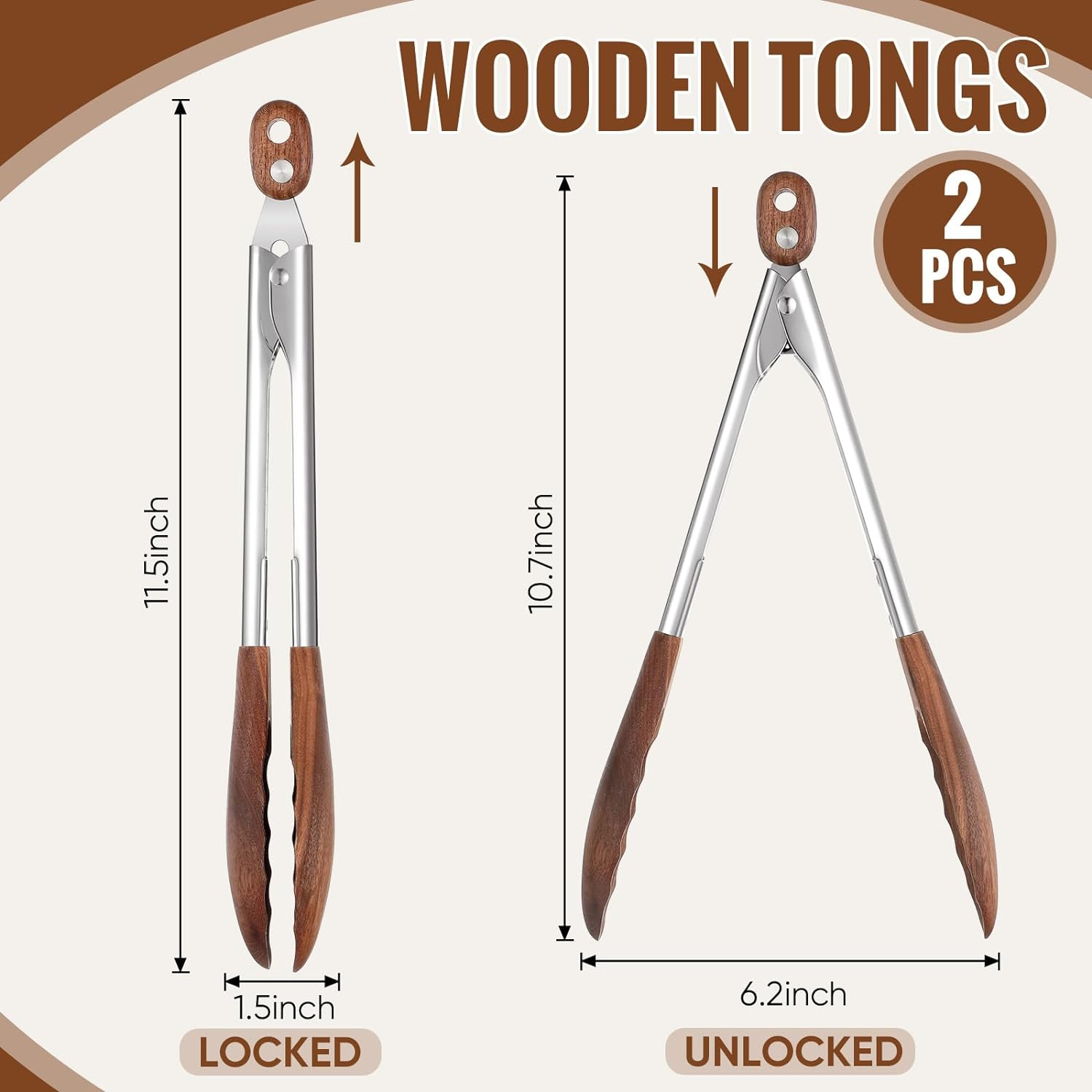 Baderke 2 Pcs Walnut Wooden Kitchen Tongs Salad Tongs with Wooden Tips, Locki... - Picture 3 of 13