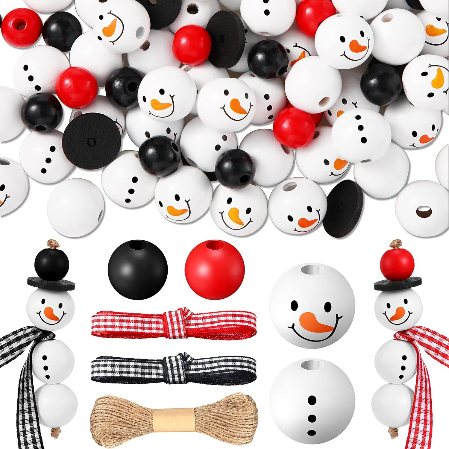 180 Piece DIY Christmas Crafts for Adults Snowman Wooden Bead for Crafts Winter Wooden Bead Christmas Buffalo Plaid Wood Round Print Beads with DIY Twine Scarf (Vivid Color)