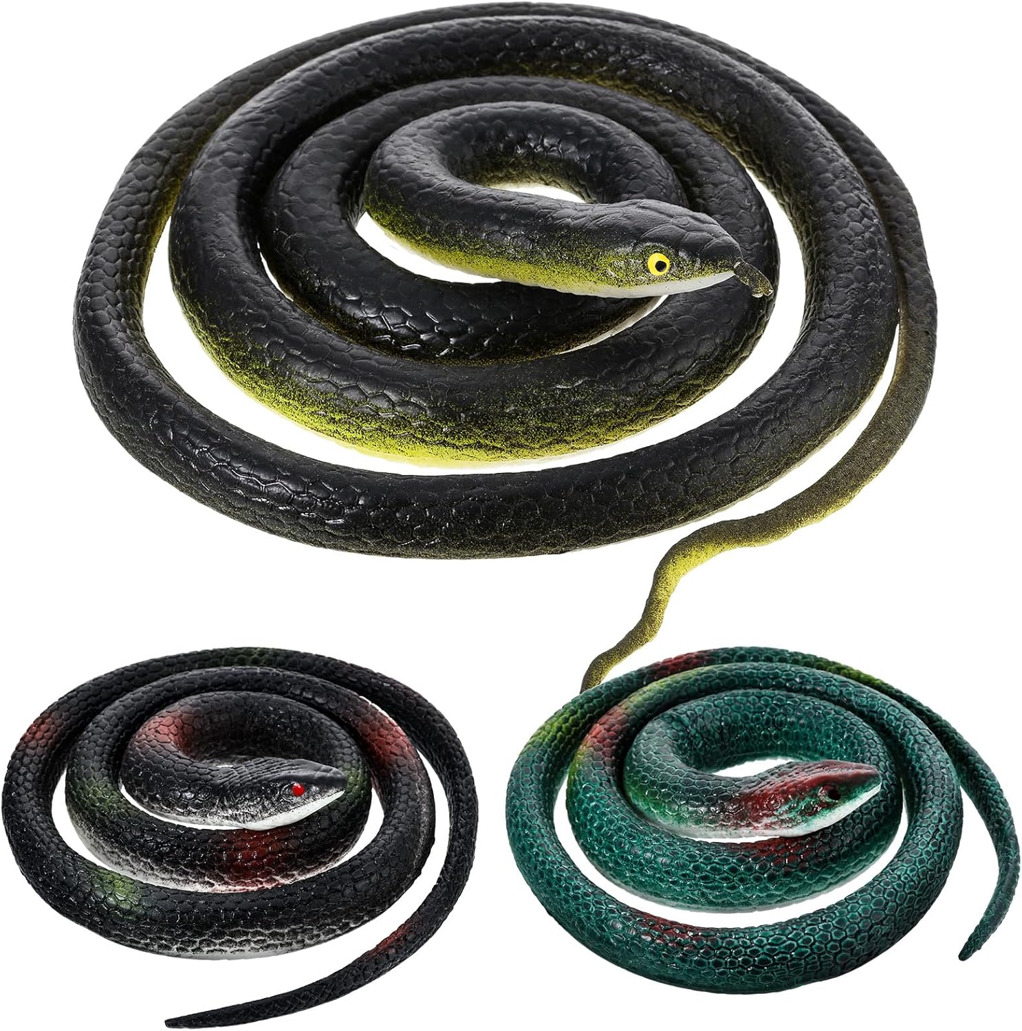3 Pieces Rubber Snakes Realistic Large Lifelike Fake Toys Plastic Garden Snake to Keep Birds Away Scare Squirrels Halloween Prank Props Scare Toy(Classic Style)