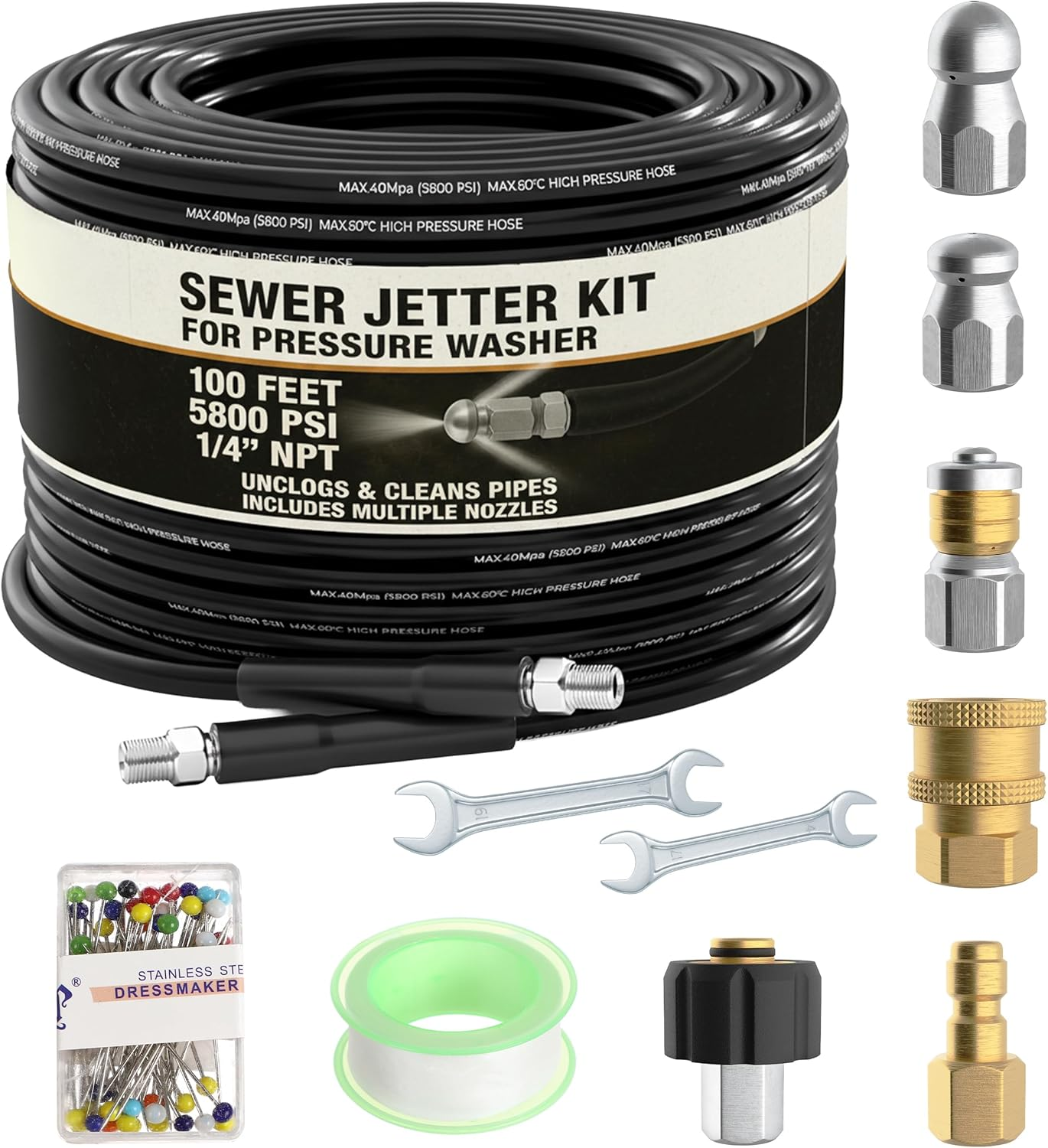 Hydro Jetter, Hydro Jet, Hydrojet, Sewer Jetter Kit for Pressure Washer, Water Jet Drain Cleaner, Sewer Line Cleaning, Pressure Washer Drain Cleaner, Culvert Cleaning Tool, Hose Kit, 100 FT