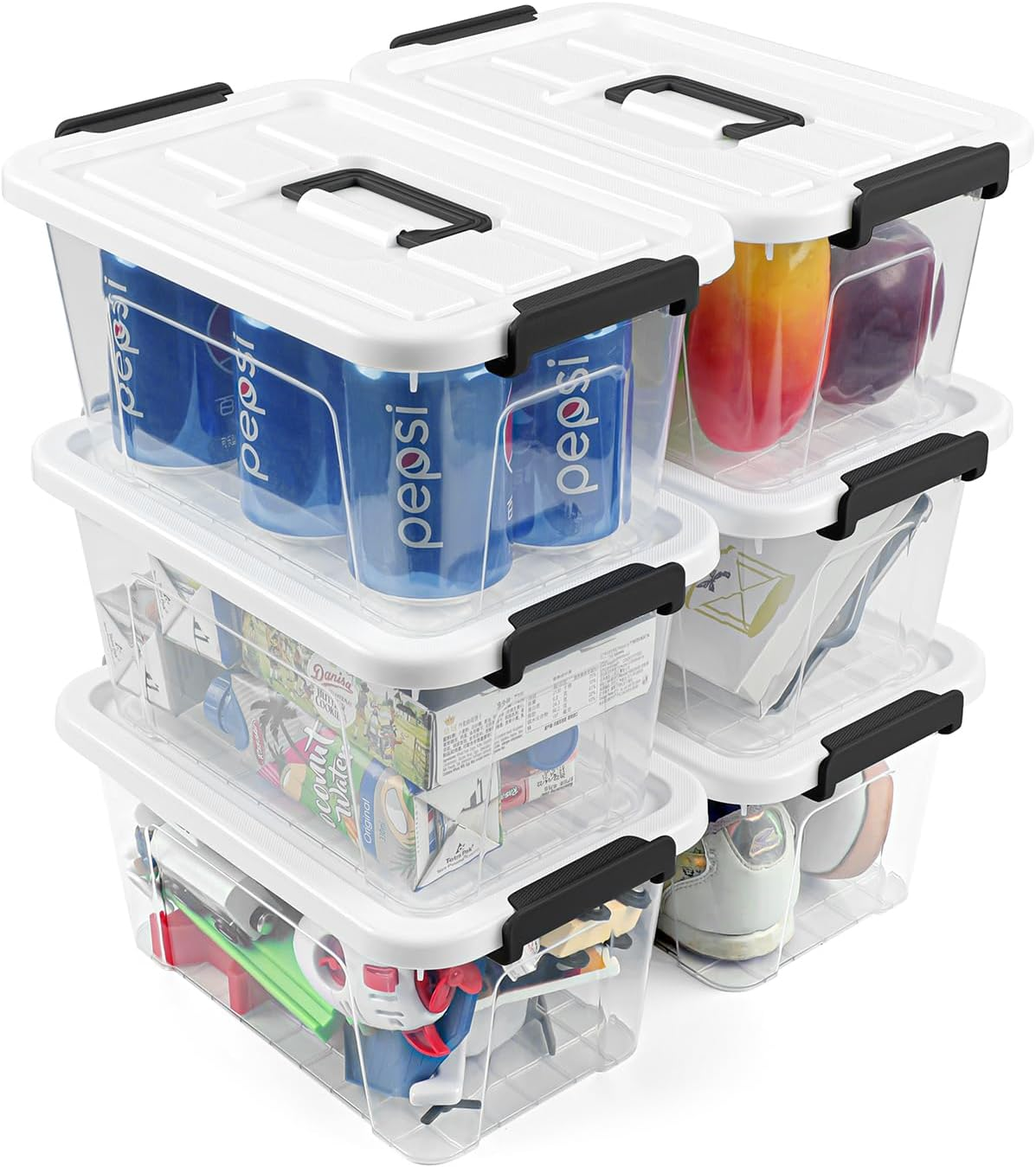 Plastic Storage Bins with Lids 6 Pack Storage Organizer Bins, 7 Quart Stackable Storage Bins with Lids and Black Handle Buckle Easy for Home Office Organization, White Lids