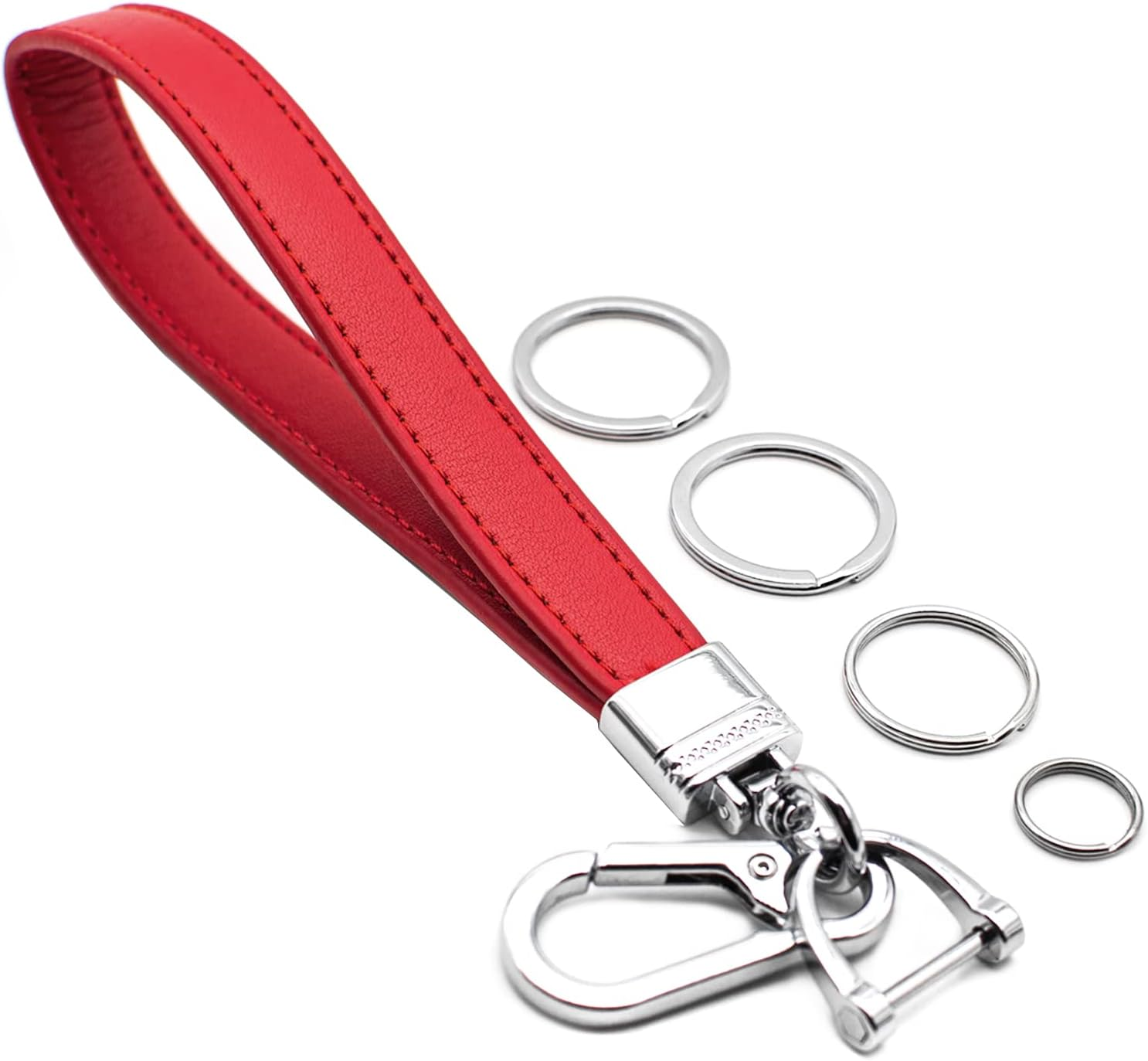 Car Fob Key Chain Genuine Leather Wristlet Strap Keychains Holder for Men and Women, 360 Degree Rotatable, with Anti-lost D-Ring, Carabiner Clip and 4pcs Key Rings, Red