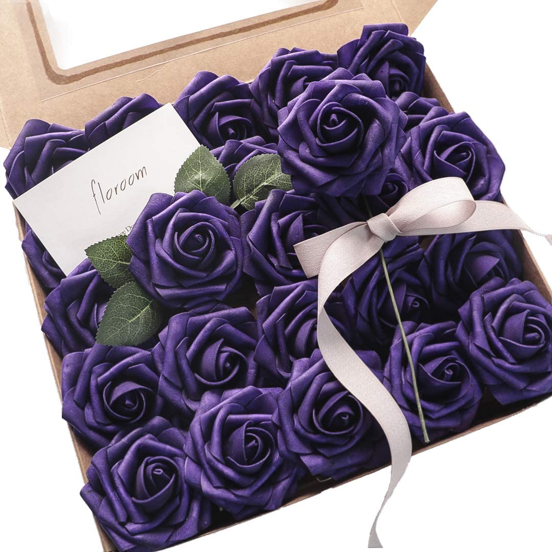 Artificial Flowers 25Pcs Real Looking Dark Purple Foam Fake Roses with Stems for DIY Wedding Bouquets Bridal Shower Centerpieces Floral Arrangements Party Tables Home Decorations