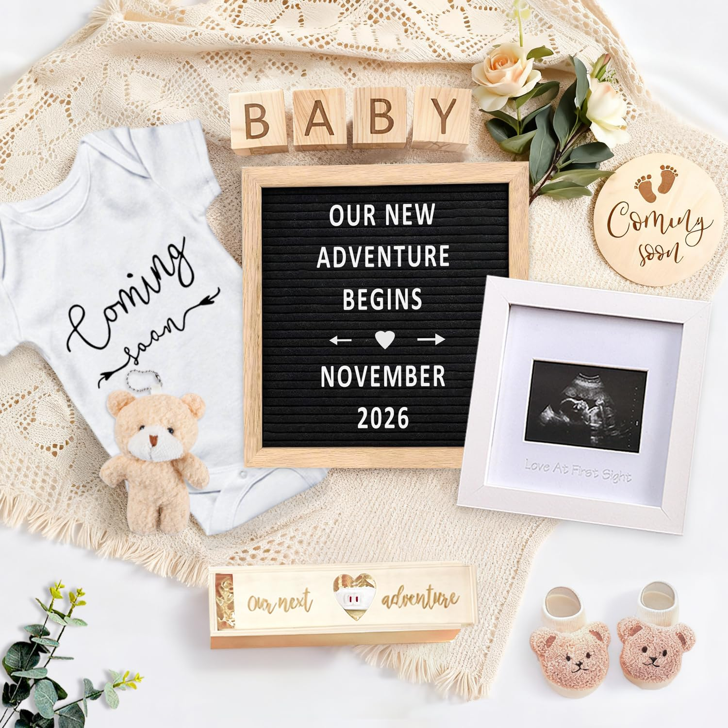 Pregnancy Announcement Set, Baby Announcement Props Ideas Include Letter Board, Pregnancy Test Box, Baby Onesie, Booties, Photo Frame, Wooden Sign, Wood Blocks and Bear Coming Soon Baby Announcement