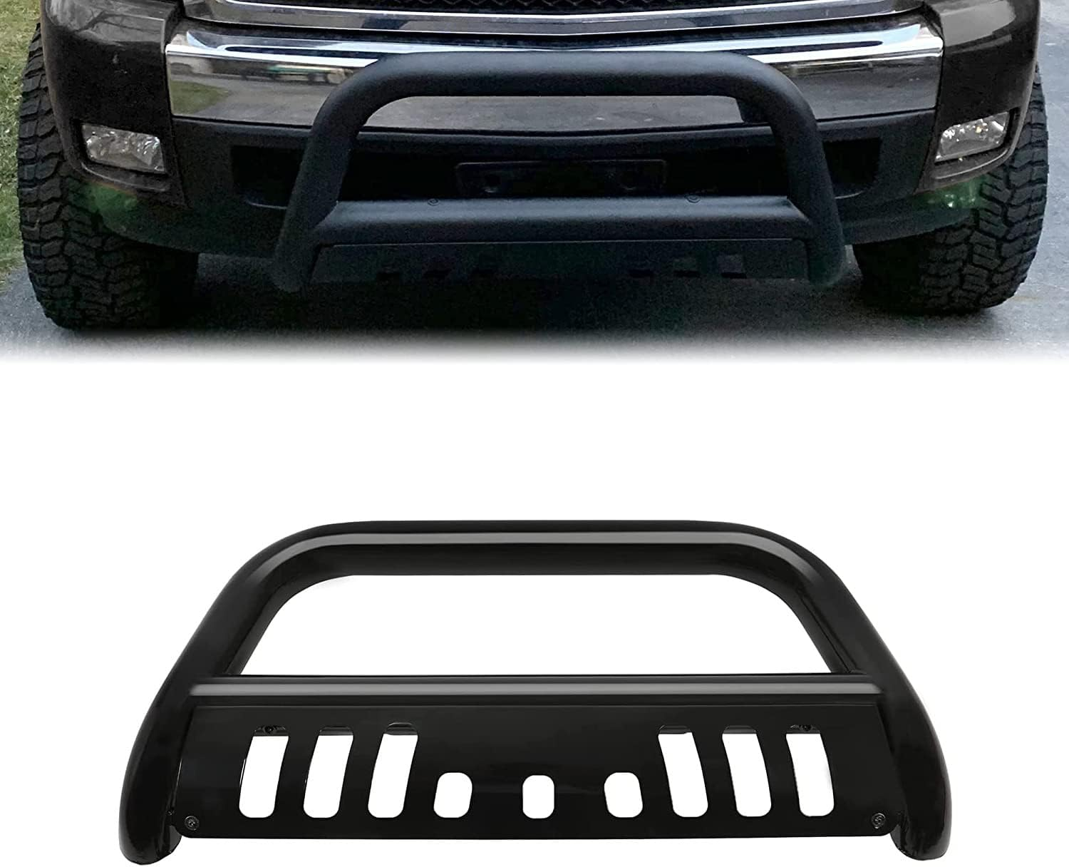 3" Front Bumper Bull Bar with Skid Plate Compatible with 2007-2020 Chevy Silverado GMC Sierra Black Tubing Brush Guard Front Bumper Grill Grille Guard Protector Brush Push Bar