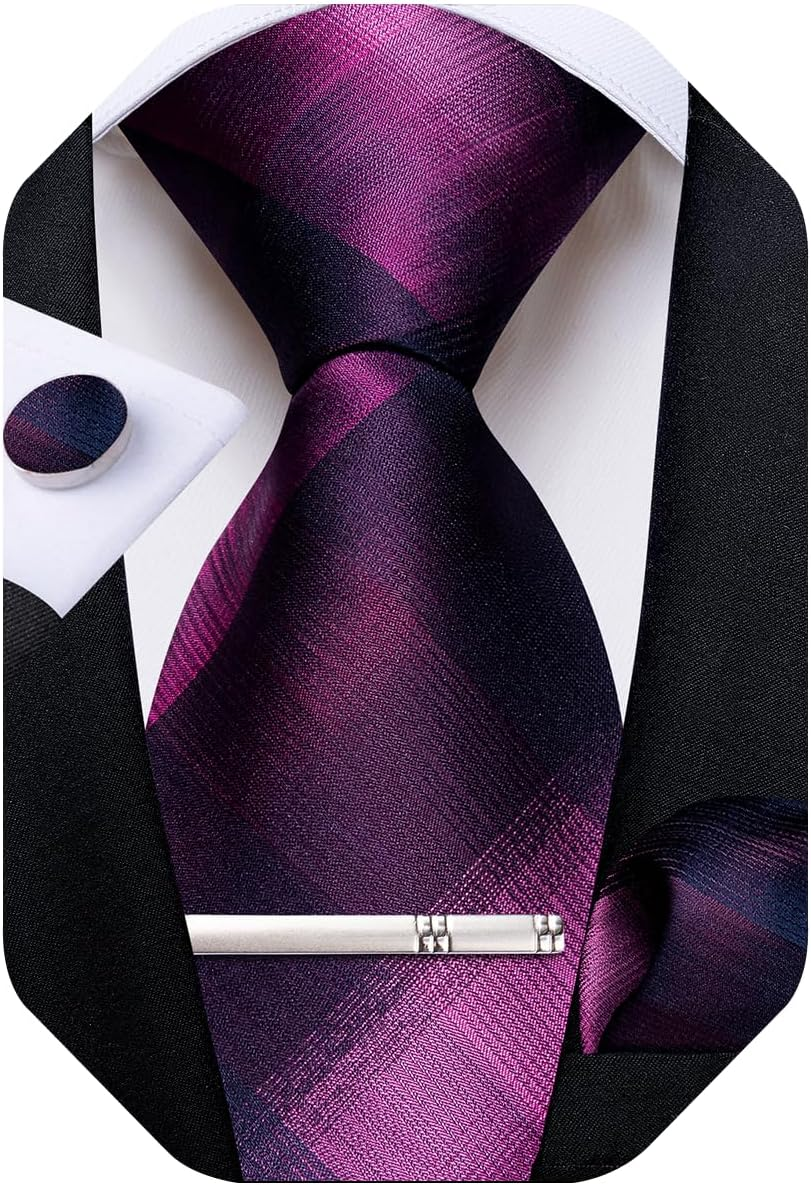 Plaid Ties for Men Silk Checkered Necktie and Pocket Square Cufflinks Tie Clip Set with Gift Box for Wedding Business