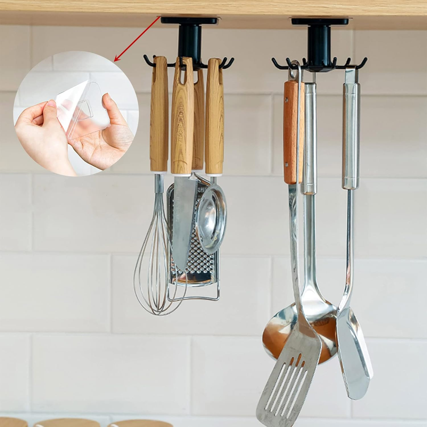 Pack of 2 360° Rotating Holder Kitchen Utensils Self-Adhesive Hook Rack Kitchen No Drilling Hanging Rack Kitchen for Home Kitchen Cooking Accessories Kitchen Utensils (Black)