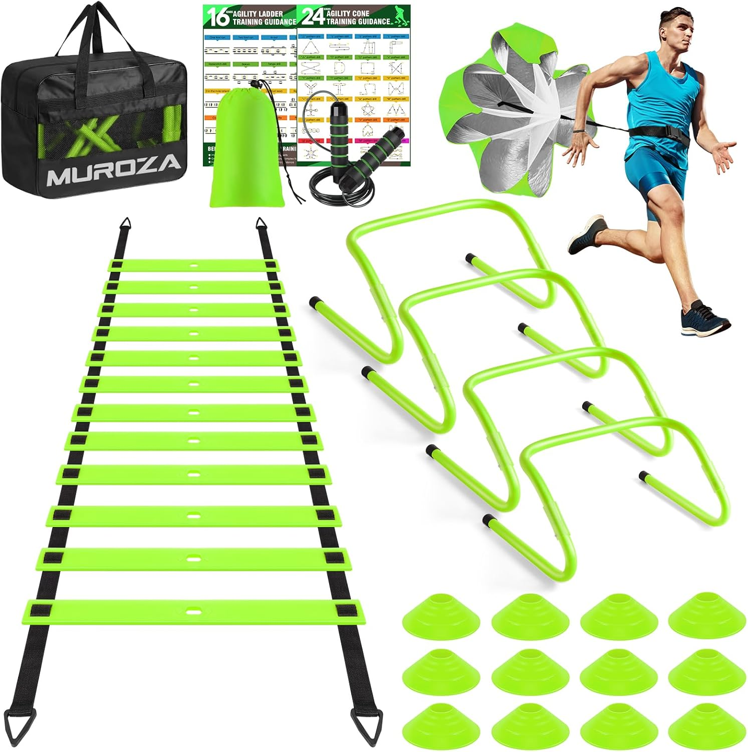 Agility Ladder, Speed Training Equipment Set, 20Ft Agility Ladder, 12 Soccer Cones, 4 Hurdles, Jump Rope, Running Parachute, Basketball Football Soccer Training Equipment for Kids, Youth, Adults