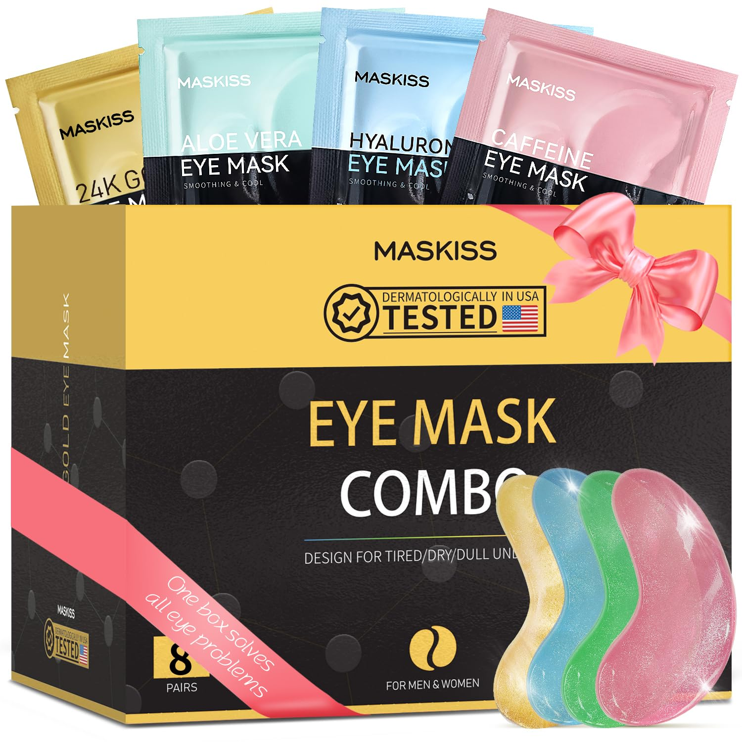Under Eye Patches(8 Pairs), 24K Gold, Caffeine, Hyaluronic Acid, Aloe Vera Eye Masks for Dark Circles Puffy Eyes Undereye Bags, Eye Skin Care Gift Set for Bachelorette Party Favors