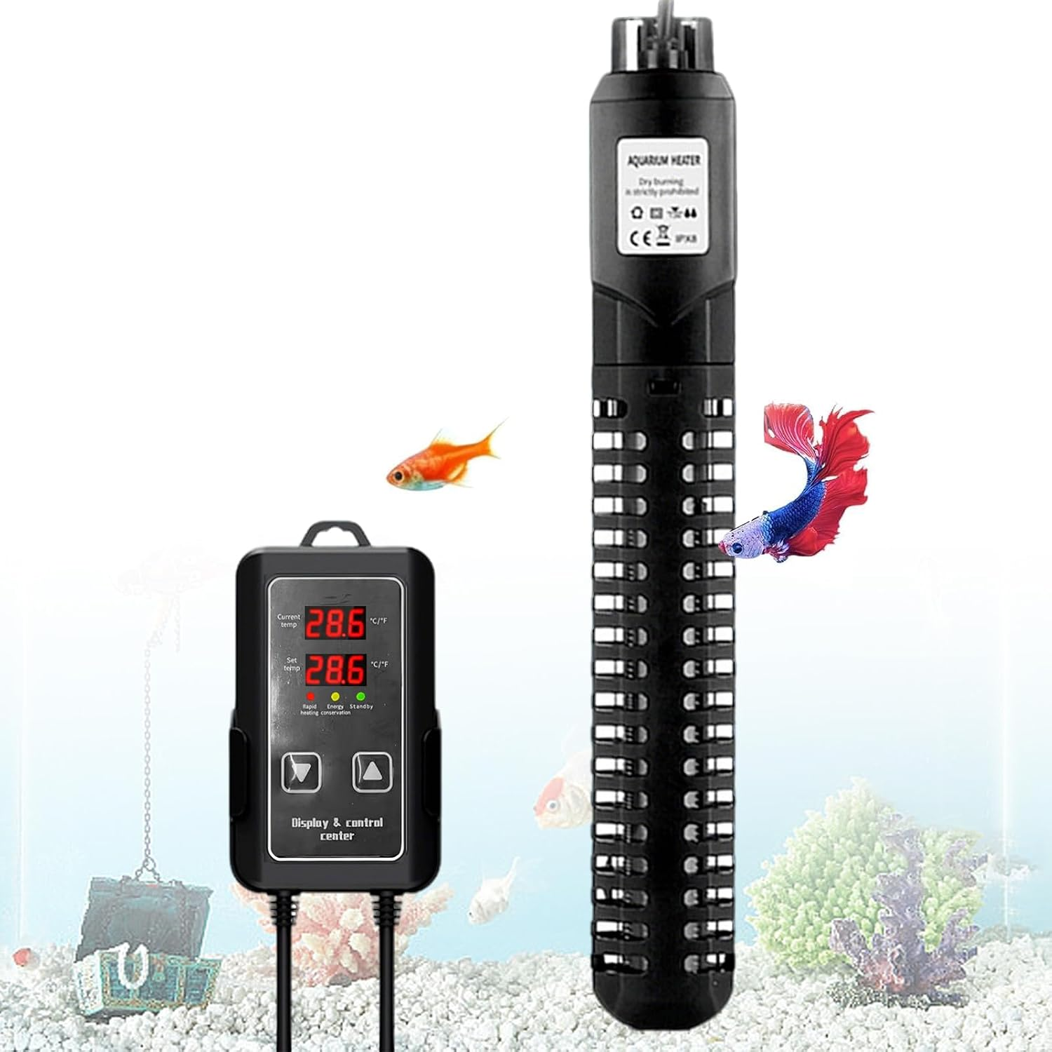 Aquarium Heater, 300W Submersible Fish Tank Heater with External LED Thermostat Controller, Fish Tank Heater with Intelligent Overheat, Water Free Power off Design, Memory Function, for 115-300L Tank