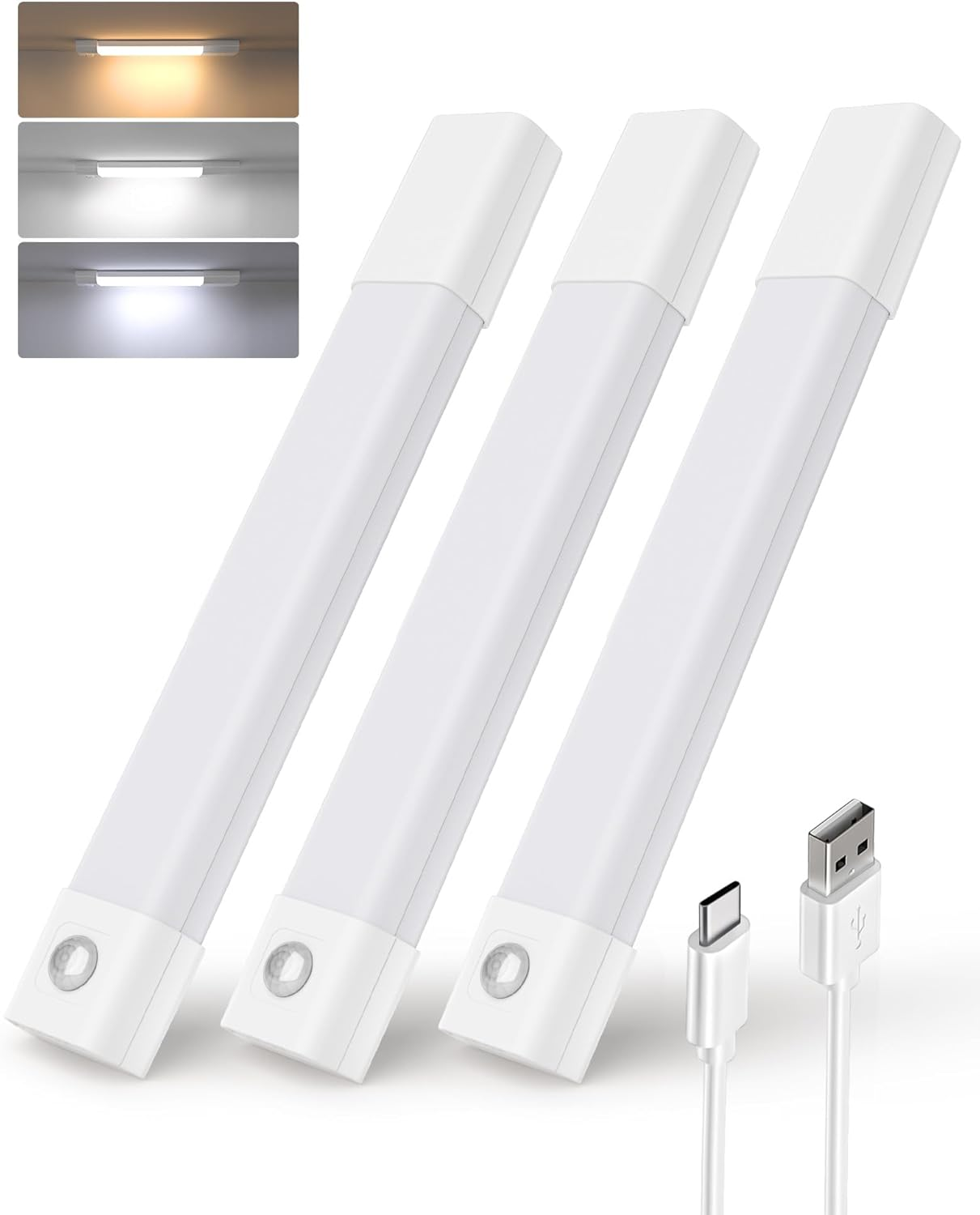 EZVALO 3 Pack 7” Motion Sensor Light Indoor, Wireless under Cabinet Lighting, 30 LED Rechargeable Closet Lights, Dimmable, 3 Color Temperatures, Counter Lights for Wardrobe, Pantry, Bedroom, Kitchen