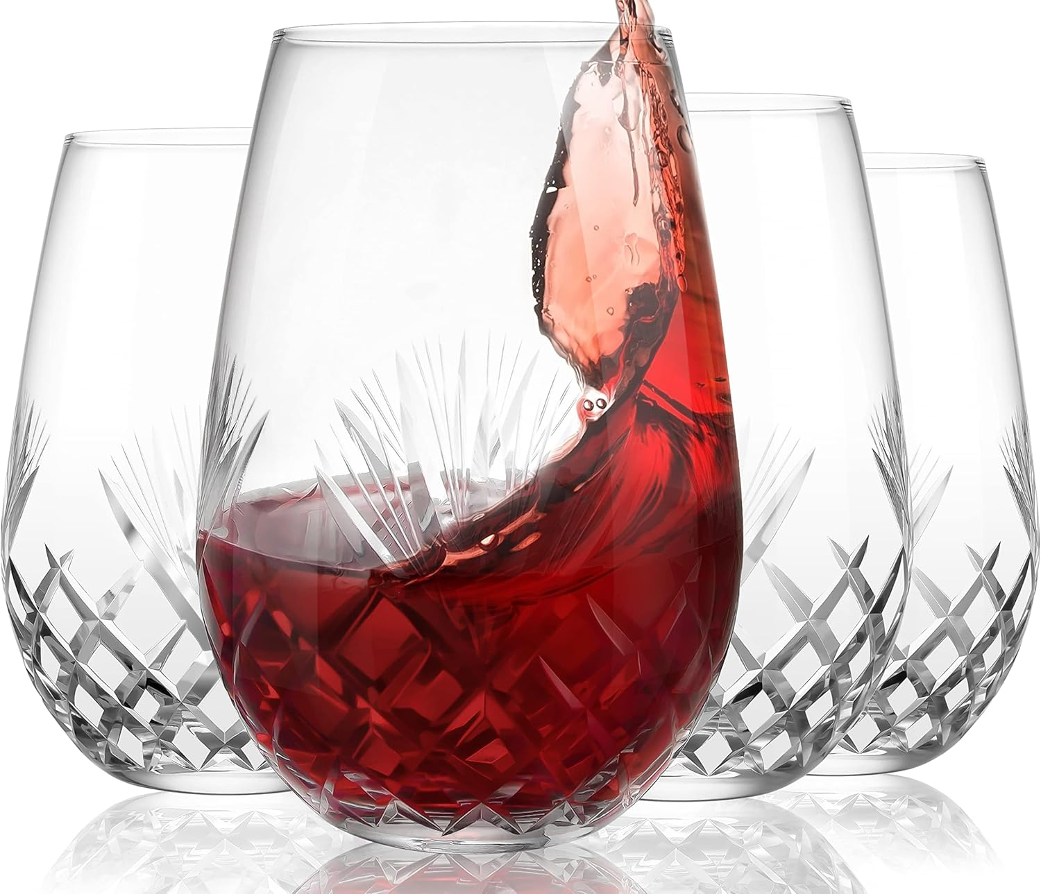 - Hand Cut Stemless Wine Glass Set of 4, Large 18 Oz Crystal Wine Glass, Wine Tumblers for Red and White Wine, Water Glasses, Drinking Glasses