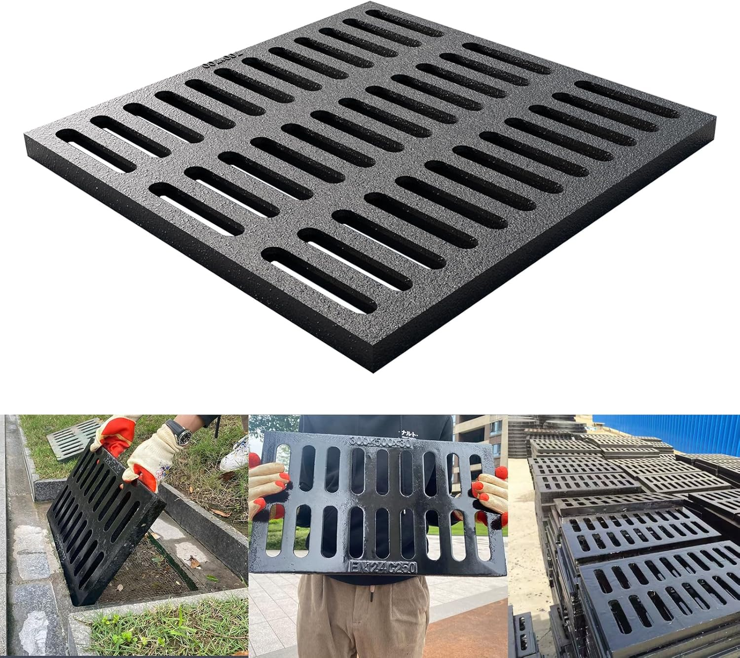 Cast Iron Drain Grate, 24 * 24In Heavy Duty Outdoor Drain Cover, B125 Class Channel Grate, Metal Sewer Grate, Black Square Drainage Grate for Concrete Floor, Yard, Driveway & Garage.