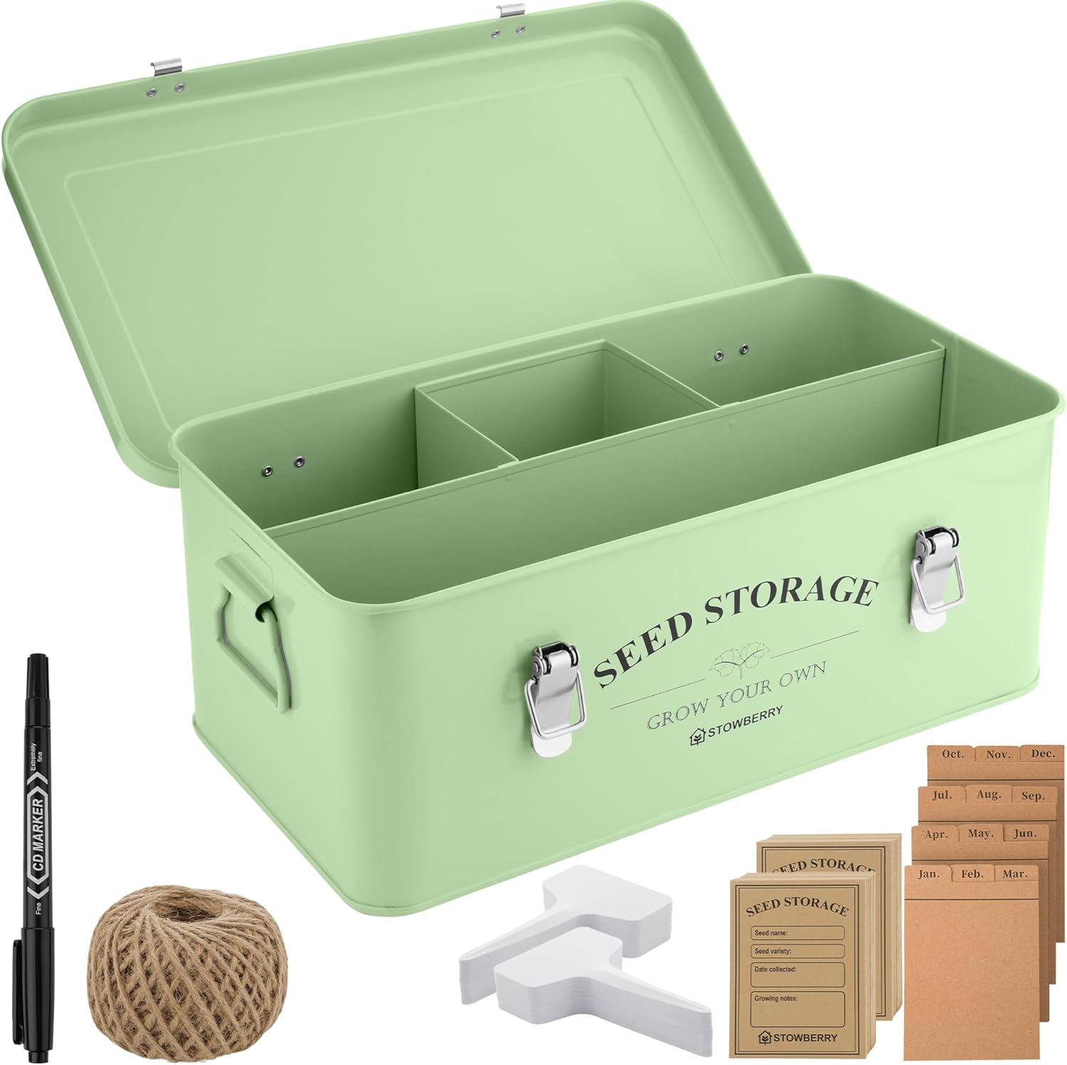 Seed Storage Box Organiser – Garden Seeds Tin with Lid, Handles, 4 Compartments & Safety Lock – Seed Box for Gardeners with over 200 Accessories – Perfect Gardening Gifts for Men and Women