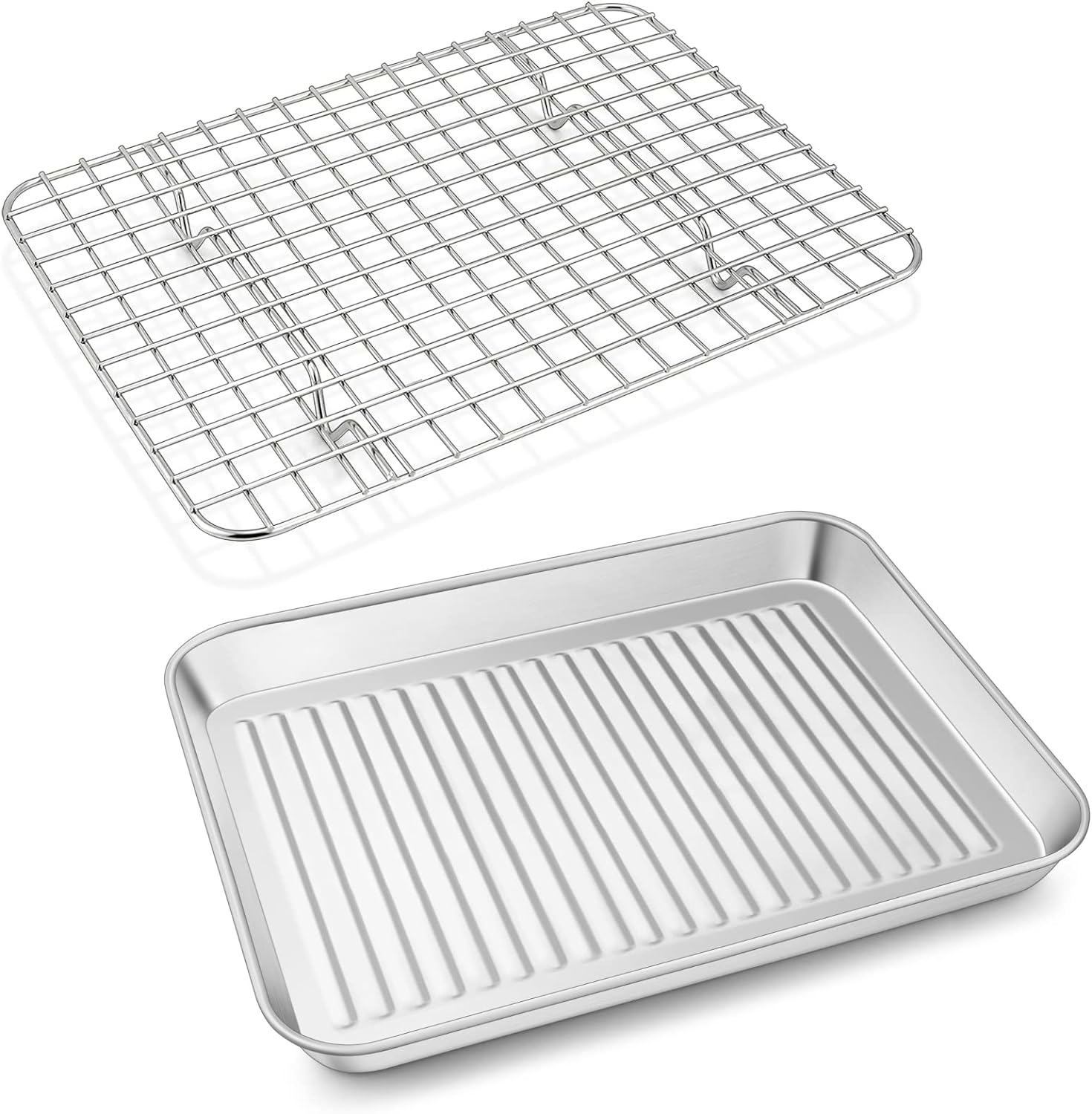 P&P CHEF Toaster Oven Pan with Wire Rack, Stainless Steel Baking Oven Sheet Tray, Bacon Pan and Cooling Rack for Cooking Roasting Cookie, Dishwasher Safe & Easy Clean, 10.5 X 8 X 1 Inch