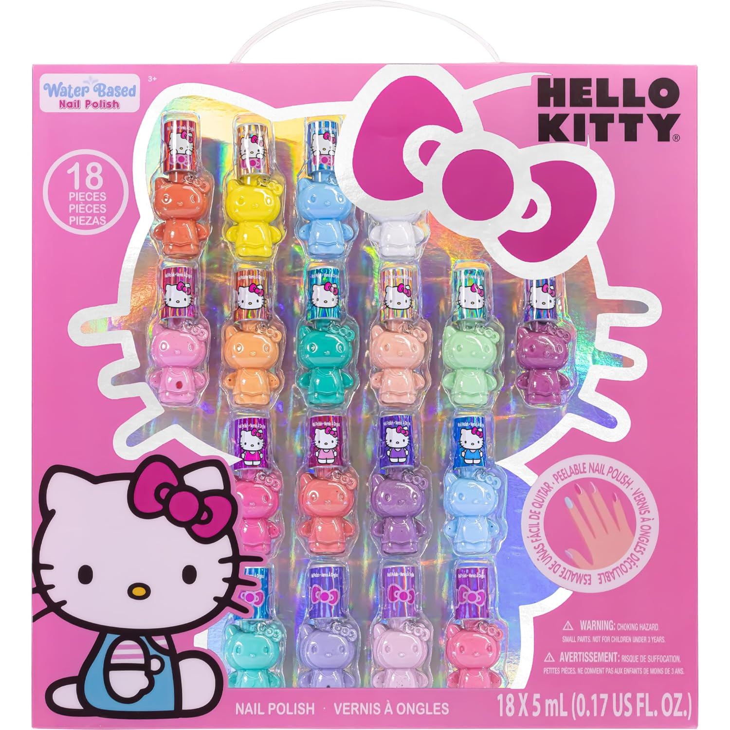 Hello Kitty Non-Toxic Peel-Off Water-Based Safe Quick Dry Nail Polish Set for Girl Kids Ages 3+, Perfect for Birthday Gift Parties, Sleepovers & Makeovers, 18 Pcs, by
