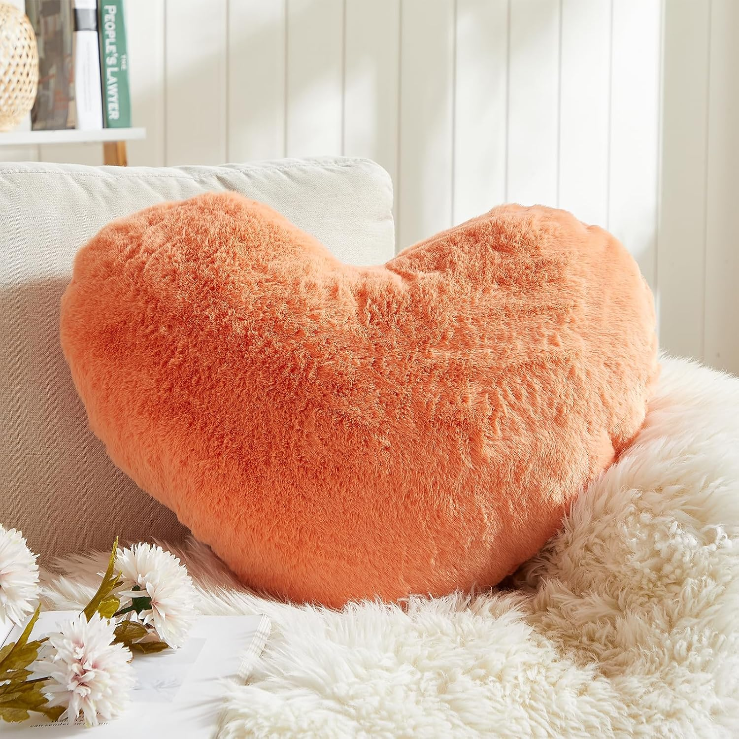 Heart Pillows, Pink Orange Heart Shaped Pillows, Love Throw Pillows Gifts, Ultra Soft Faux Rabbit Fur Small Cute Pillows, Women Girls Kid Room Decor 10x13 Inch