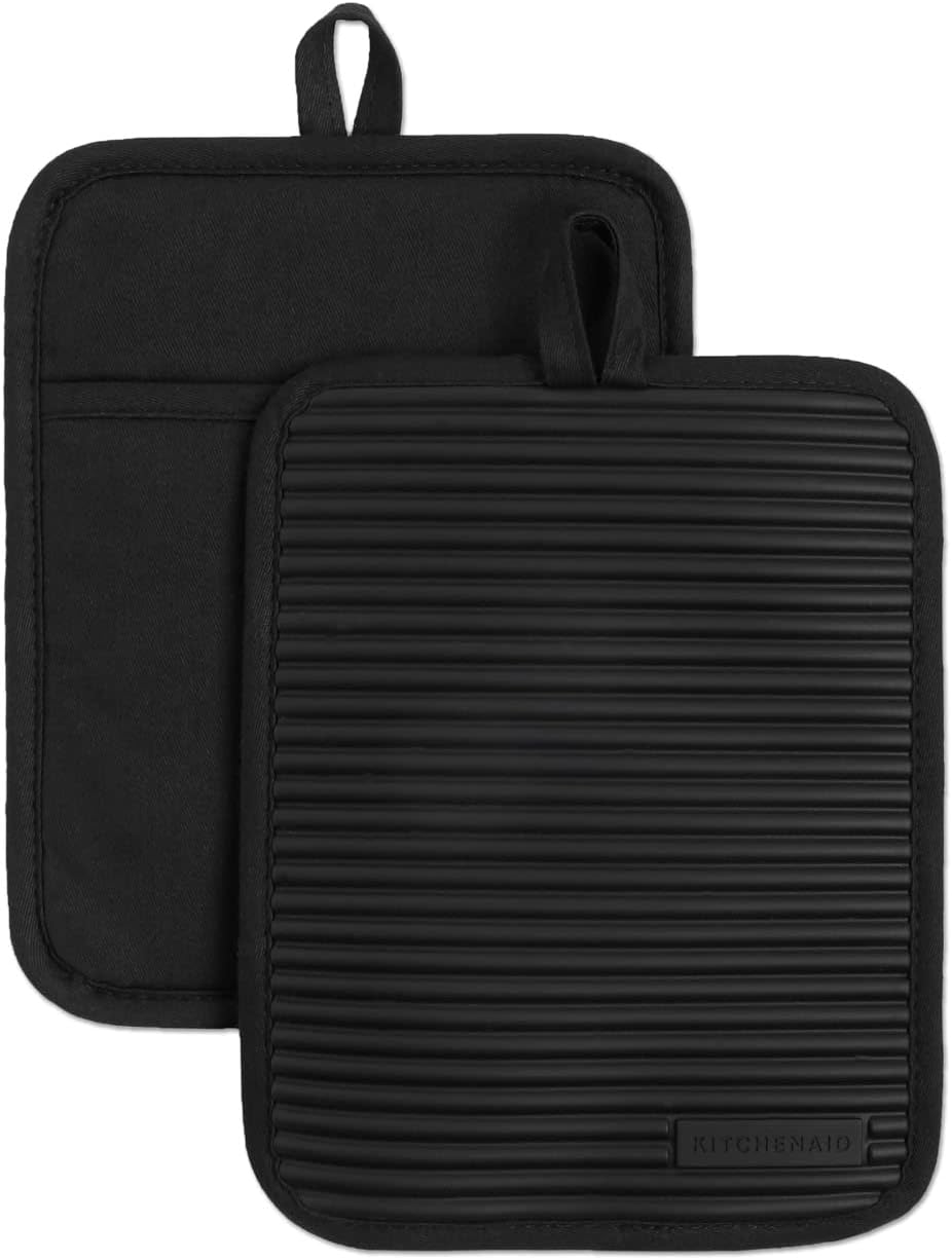 Ribbed Soft Silicone Pot Holder 2-Pack Set, Matte Black, 7