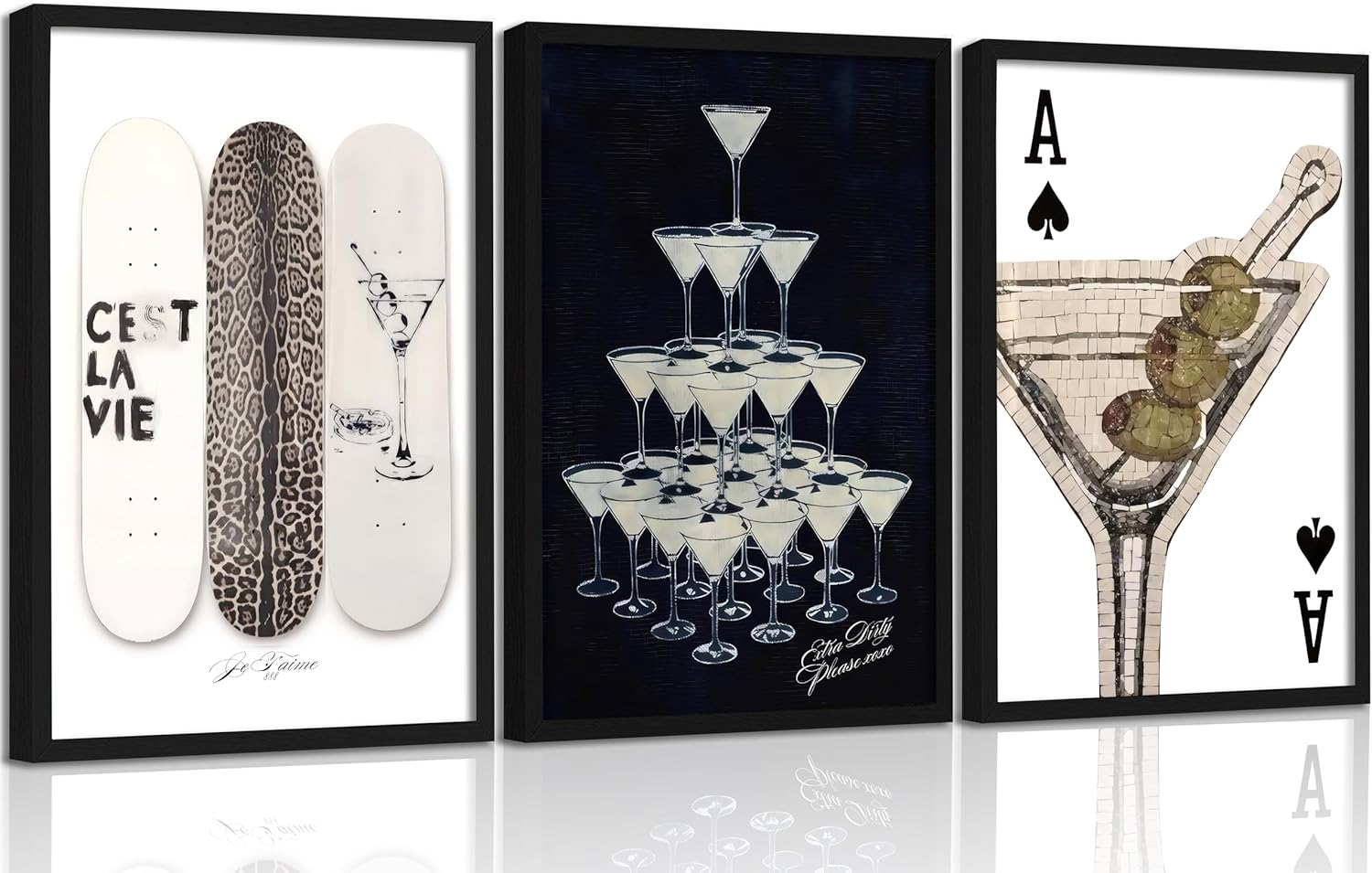 3Pcs Black Framed Trendy Dirty Martini Canvas Wall Art Funky Cocktail Poster Vintage Leopard Skateboard Wall Decor Ace Card Martini Painting Picture Bar Artwork for Bar Dining Room Dorm Home Decor