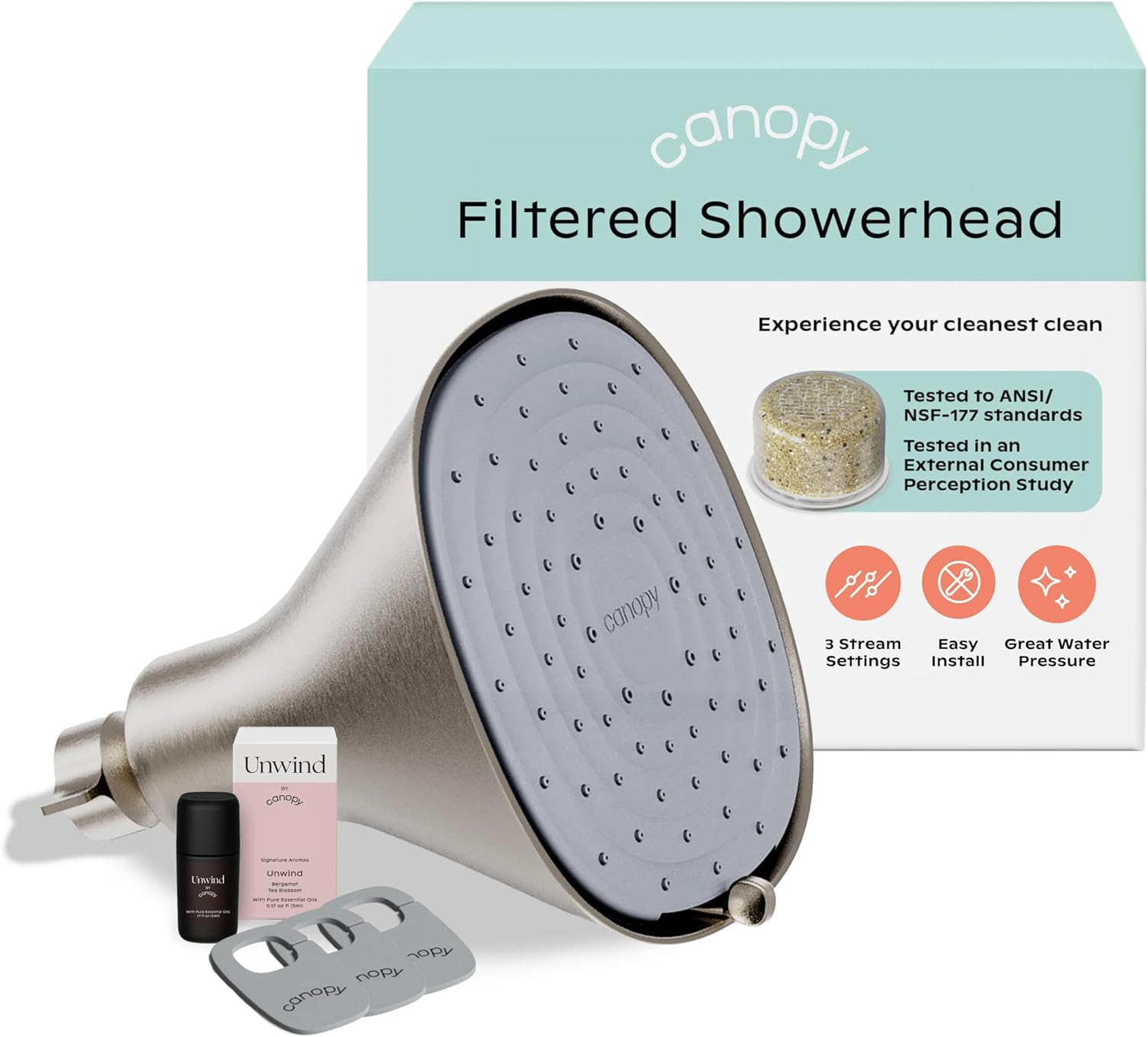 Canopy Filtered Shower Head - High Pressure Shower Head Filter for Hard Water - Shower Filter to Remove Impurities for Healthier Scalp, Skin & Hair - Support Hair Growth & Minimize Breakage - Nickel