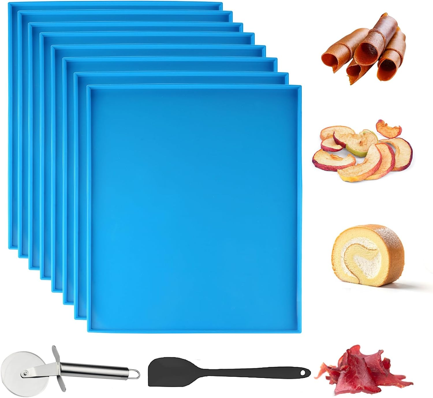 8PCS Silicone Dehydrator Trays with Edge Fruit Leather Trays 12 X 10 Inch Non-Stick Dehydrator Mats with Silicone Scraper Cutter Wheel for Fruit Vegetables Meat Herbs and Liquid