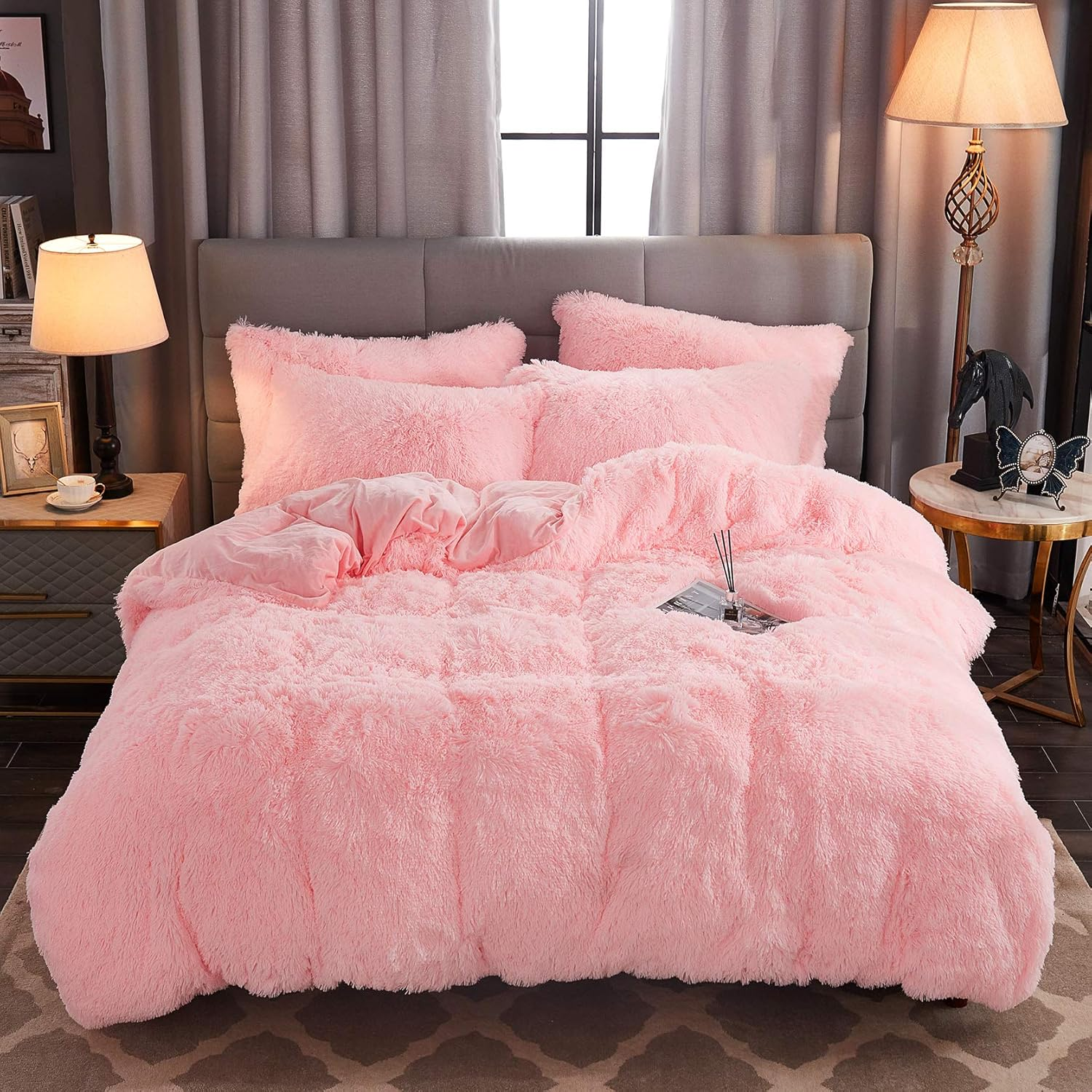 Shaggy Fluffy Faux Fur Duvet Cover Set Button Closure Velvety Bedding Set Comforter Cover with Pillowcase Pink, Twin Size