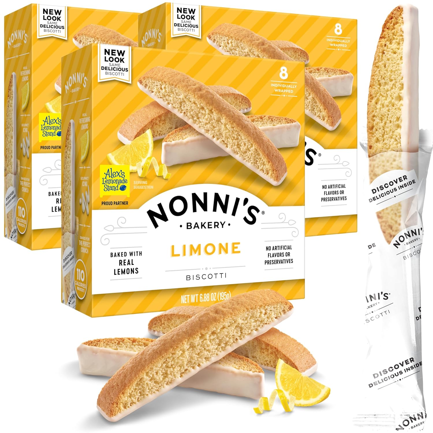 Nonni'S Limone Biscotti Italian Cookies - 3 Boxes Lemon Cookies - Biscotti Individually Wrapped Cookies - Lemon Italian Biscotti Cookies W/White Icing - All Natural Ingredients - Kosher - 6.88 Oz